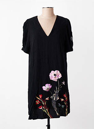 Robe mi-longue imprimé fleurs manches courtes noir DESIGUAL femme