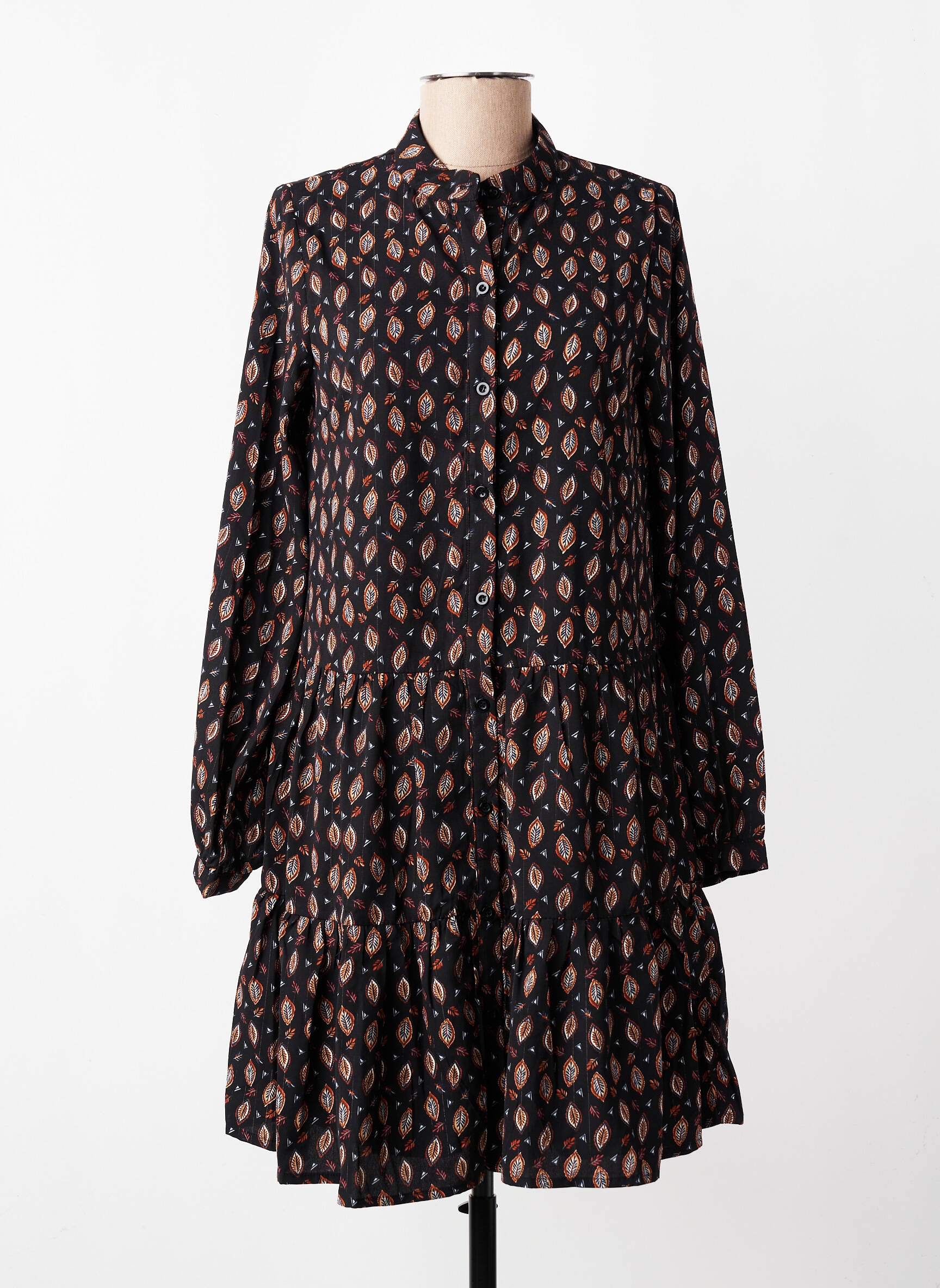 Robe mi-longue imprimé fantaisie manches longues noir MOLLY BRACKEN femme