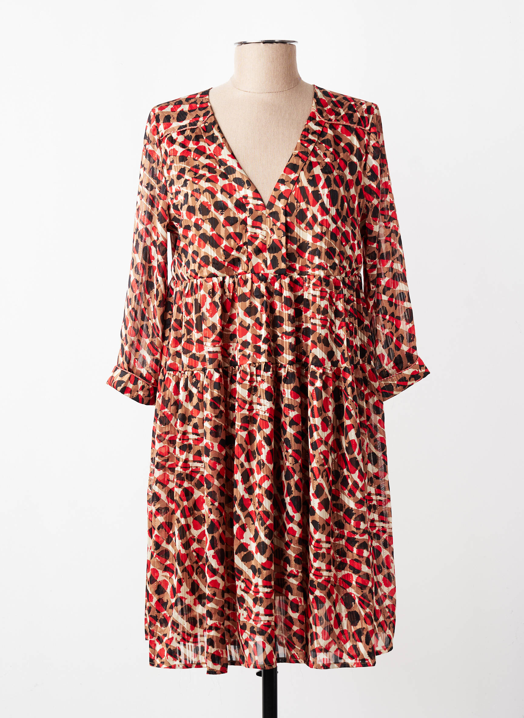 Robe mi-longue imprimé fantaisie manches longues marron GRACE & MILA femme