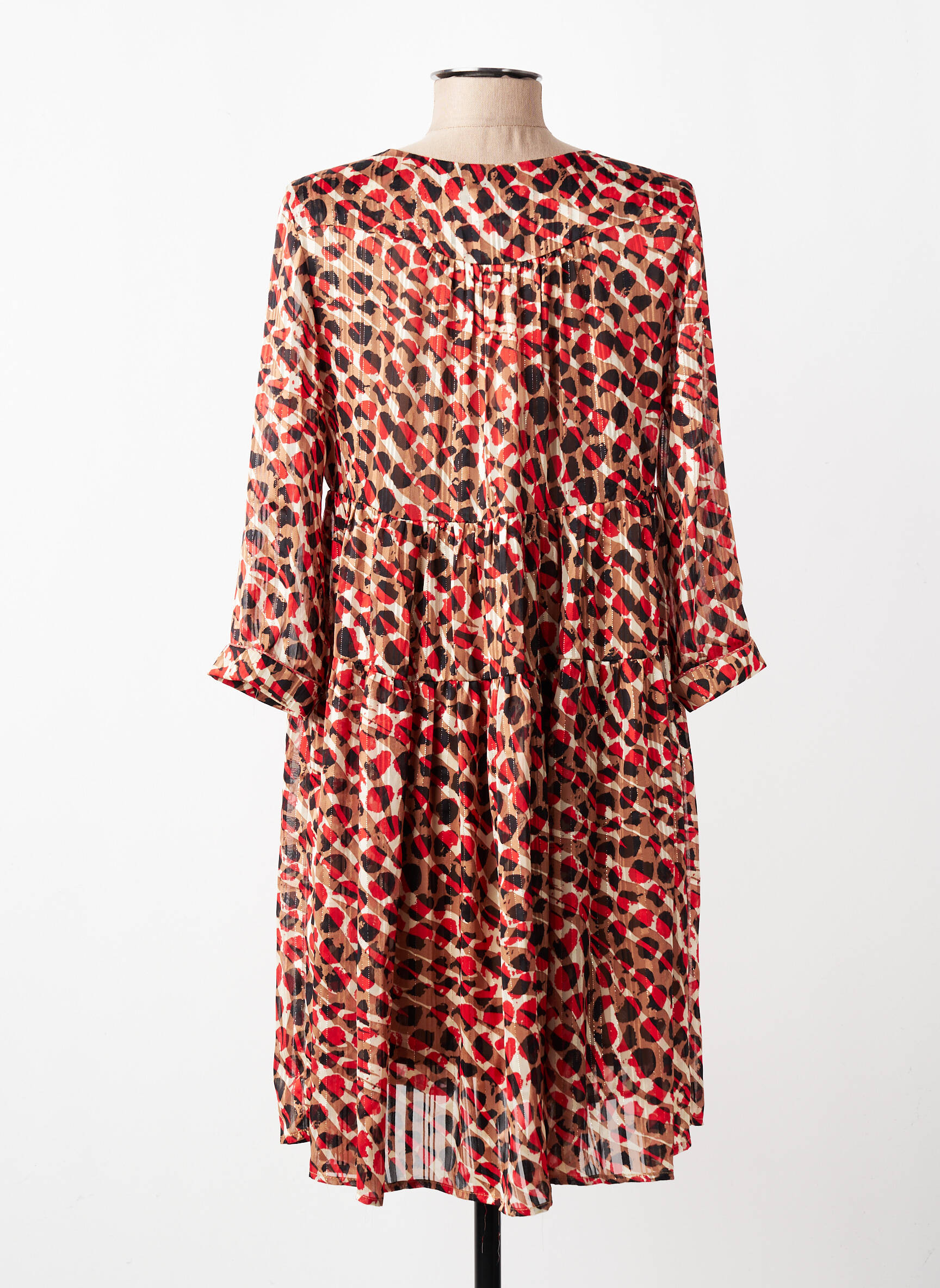 Robe mi-longue imprimé fantaisie manches longues marron GRACE & MILA femme
