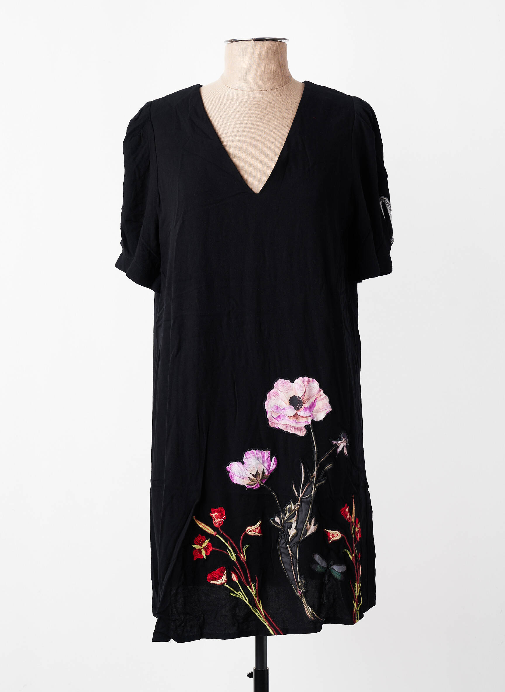 Robe mi-longue imprimé fleurs manches courtes noir DESIGUAL femme
