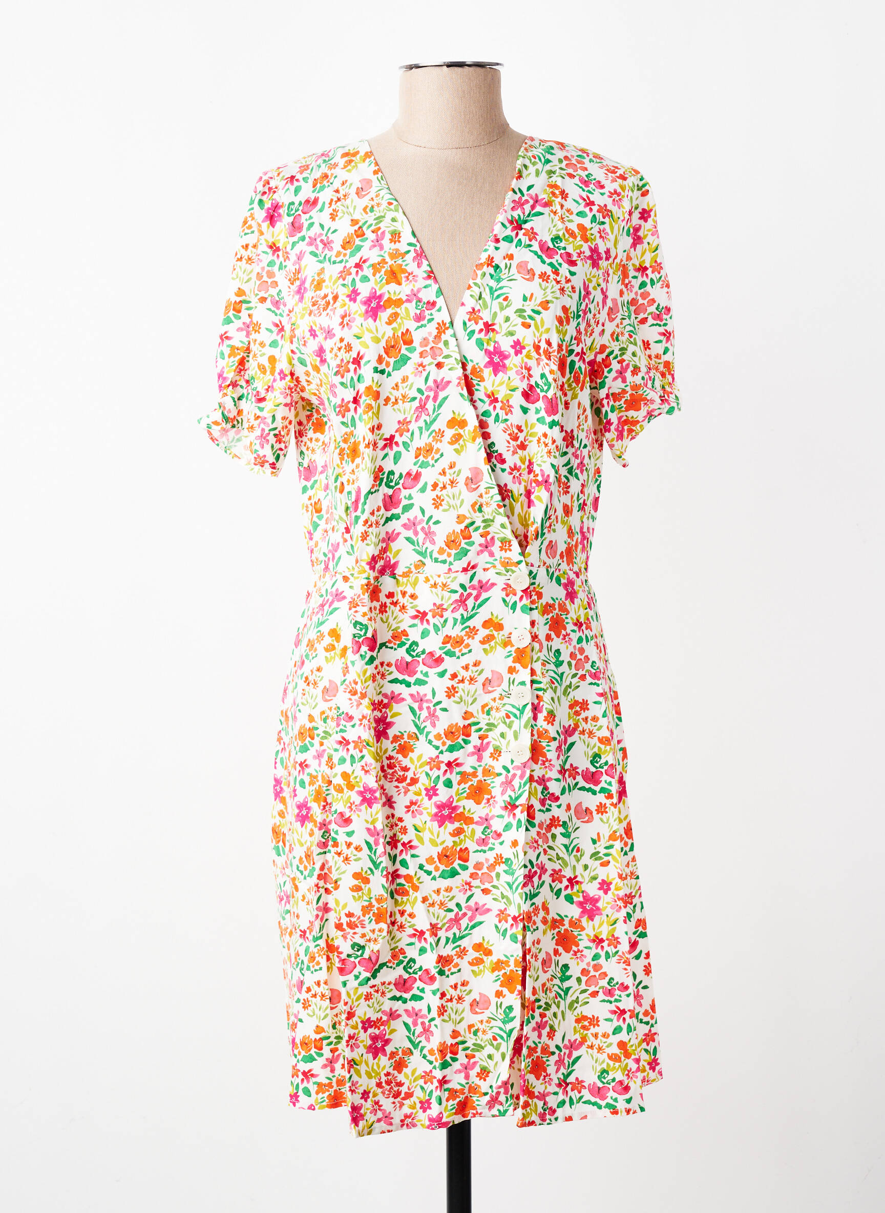 Robe mi-longue imprimé fleurs manches courtes blanc LA PETITE ETOILE femme