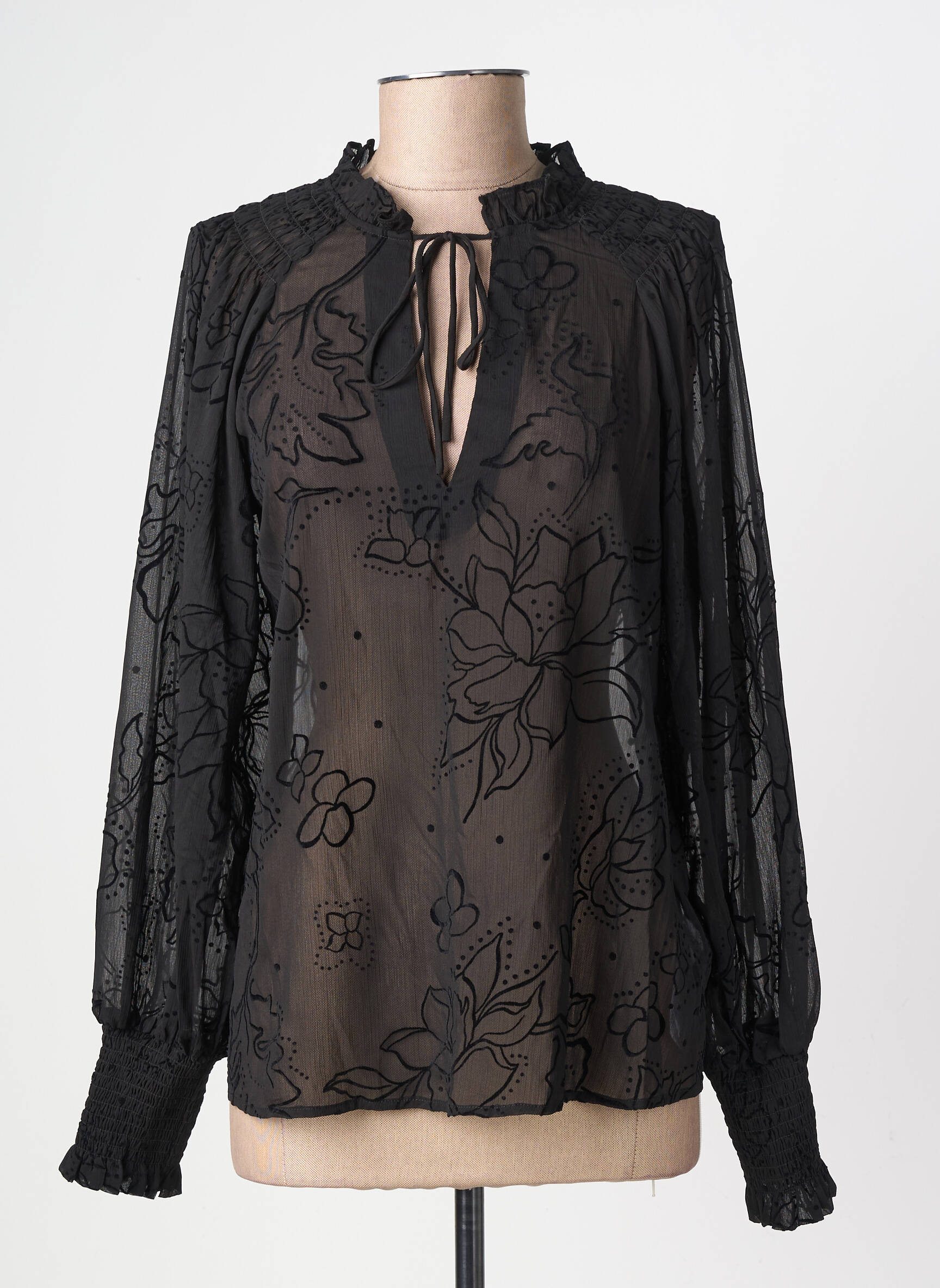 Blouse légère et transparente manches longues noir DESIGUAL femme