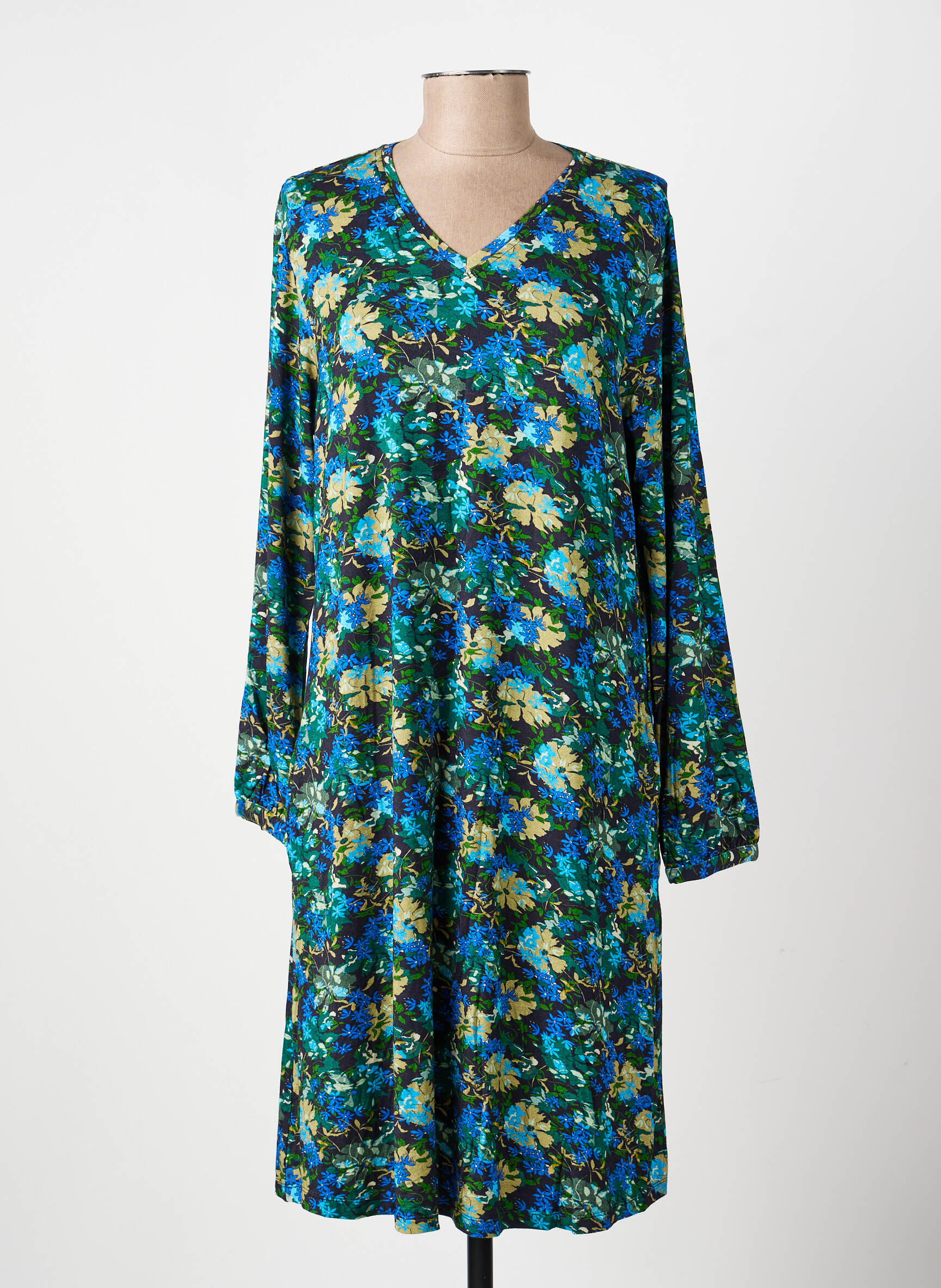 Robe mi-longue imprimé fleurs manches longues bleu AGATHE & LOUISE femme