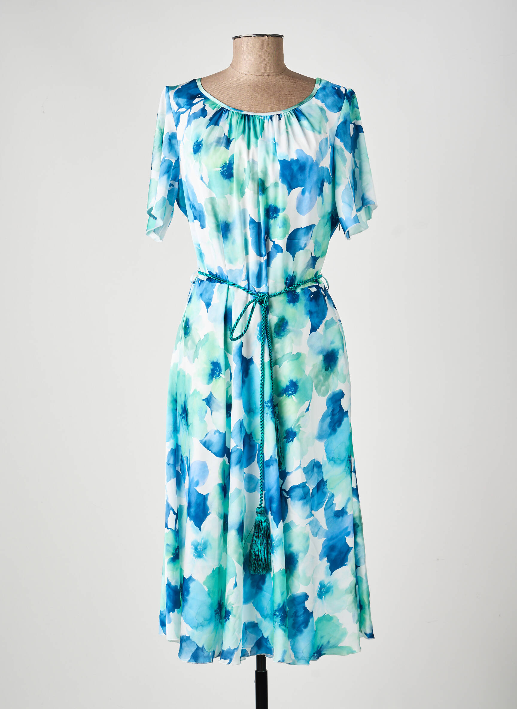 Robe mi-longue coupe fluide manches courtes bleu ESTEL COLLECTION femme