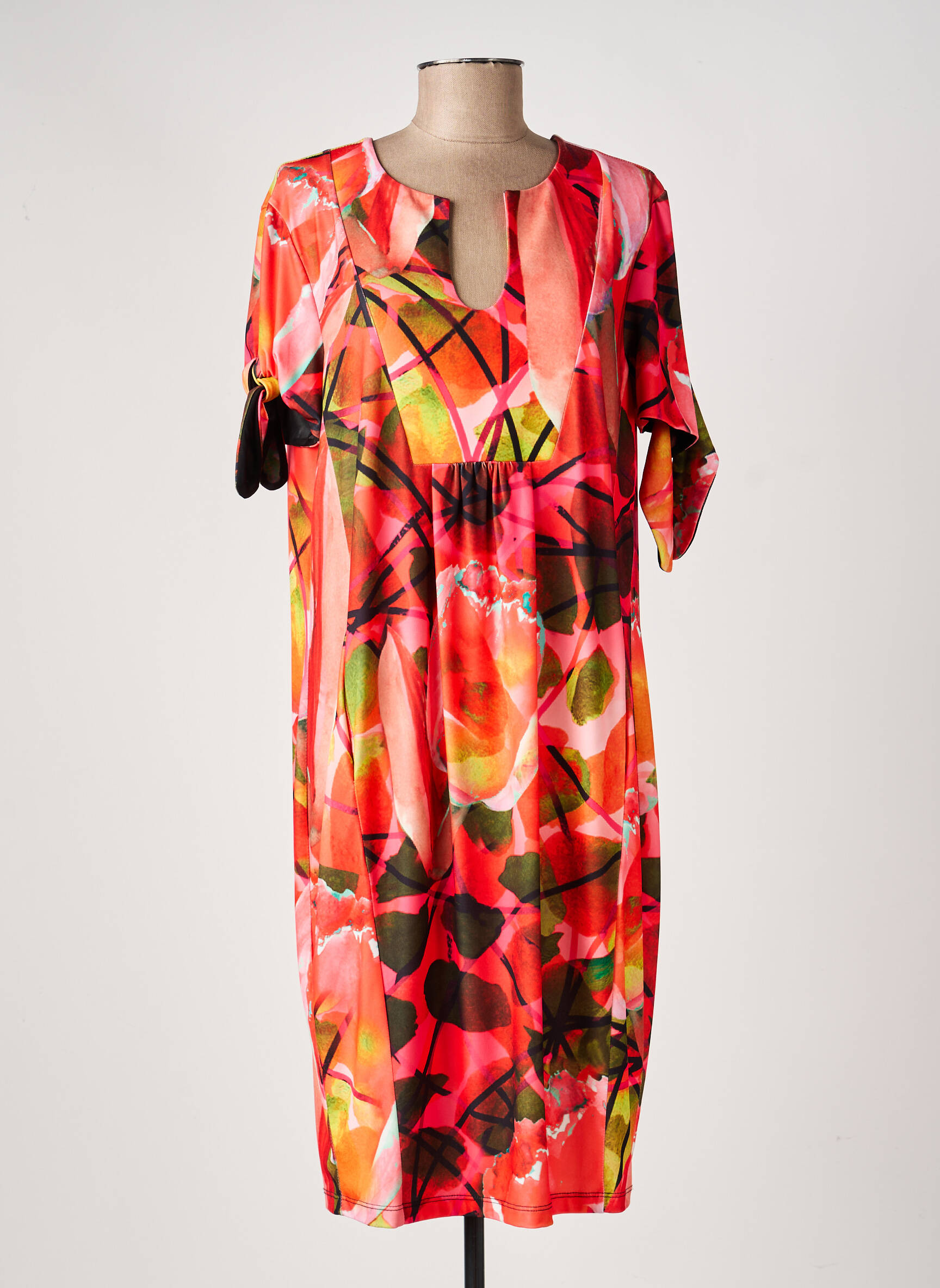 Robe mi-longue imprimé fleurs manches courtes orange EROKE femme