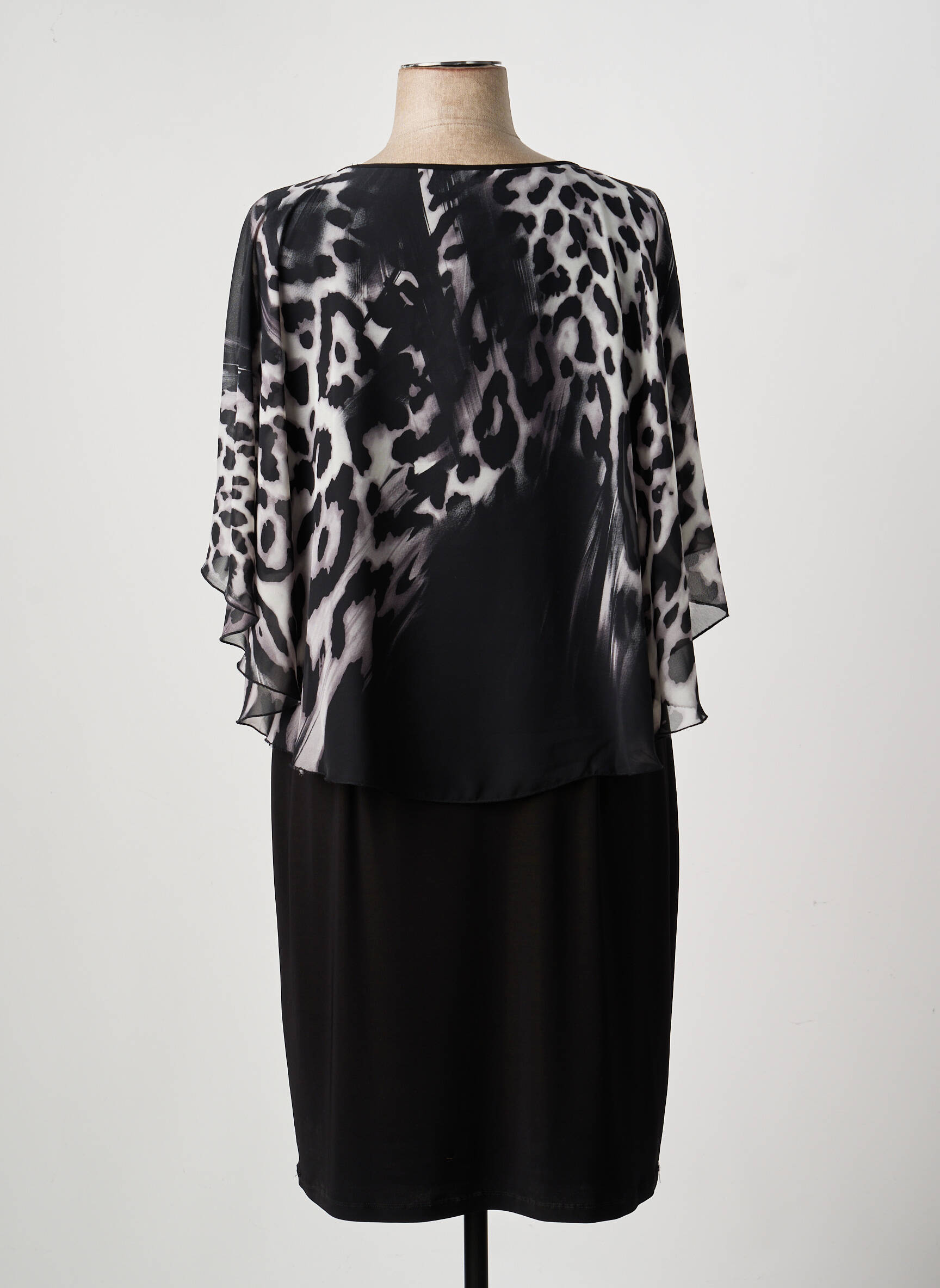 Robe mi-longue tissage crêpe manches courtes noir FRANK LYMAN femme