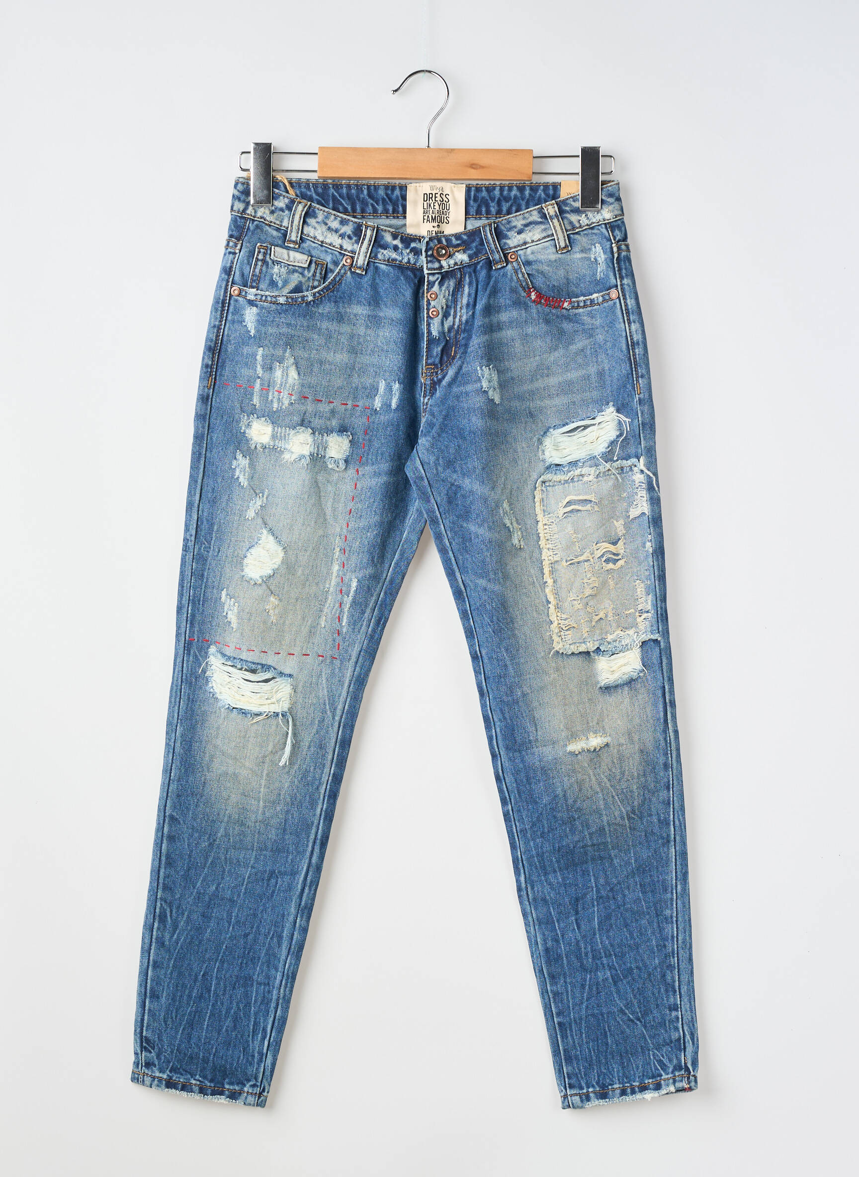 Jeans coupe slim effet usé délavé taille normale bleu WIYA femme