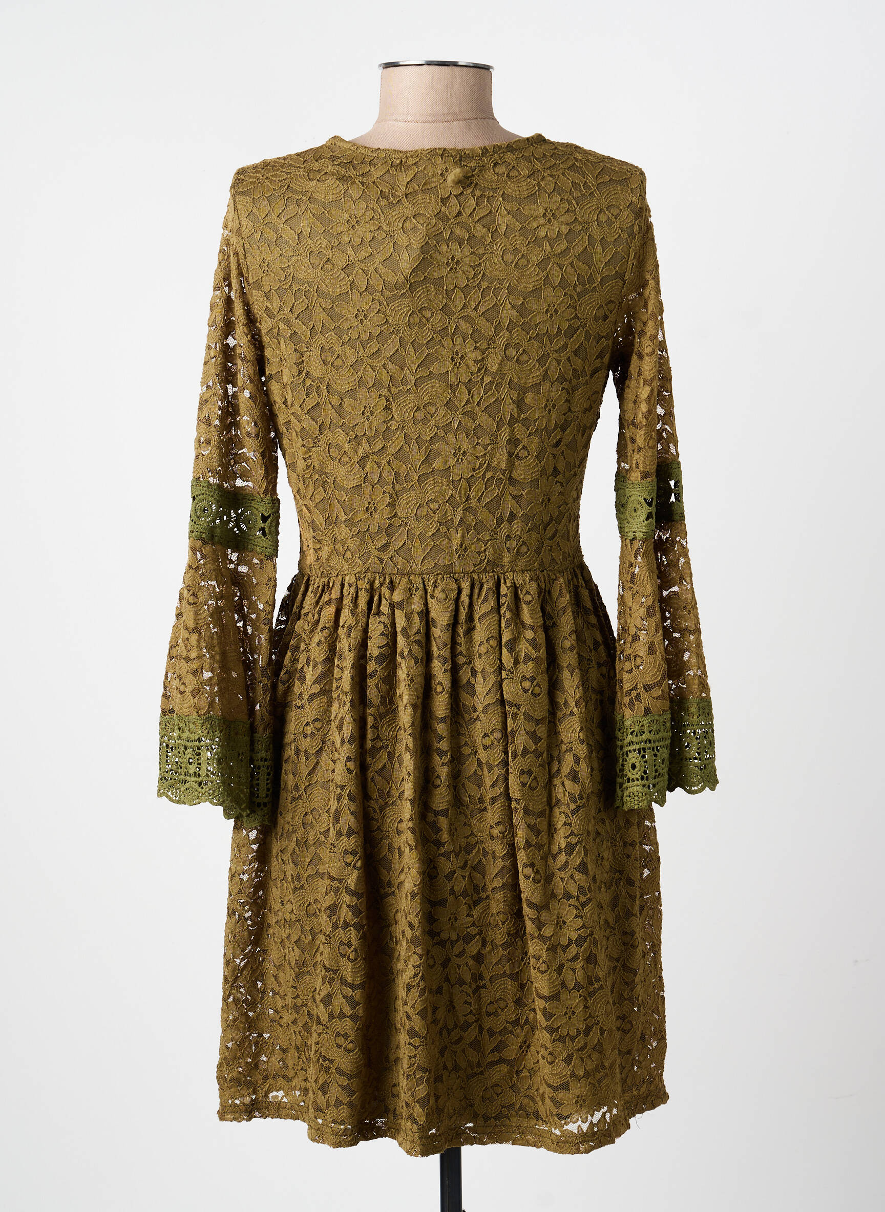 Robe courte coupe évasée manches longues vert LILIE ROSE femme