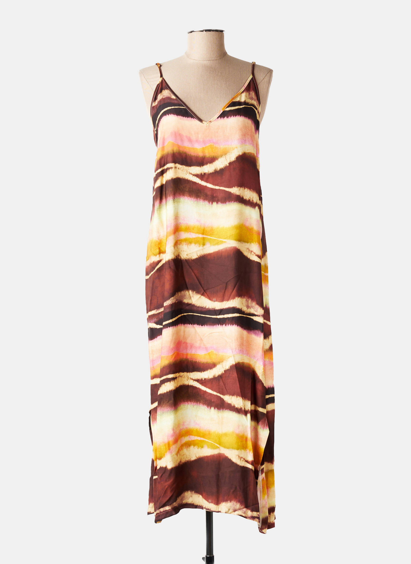 Robe mi-longue coupe fluide fines bretelles marron PLEASE femme