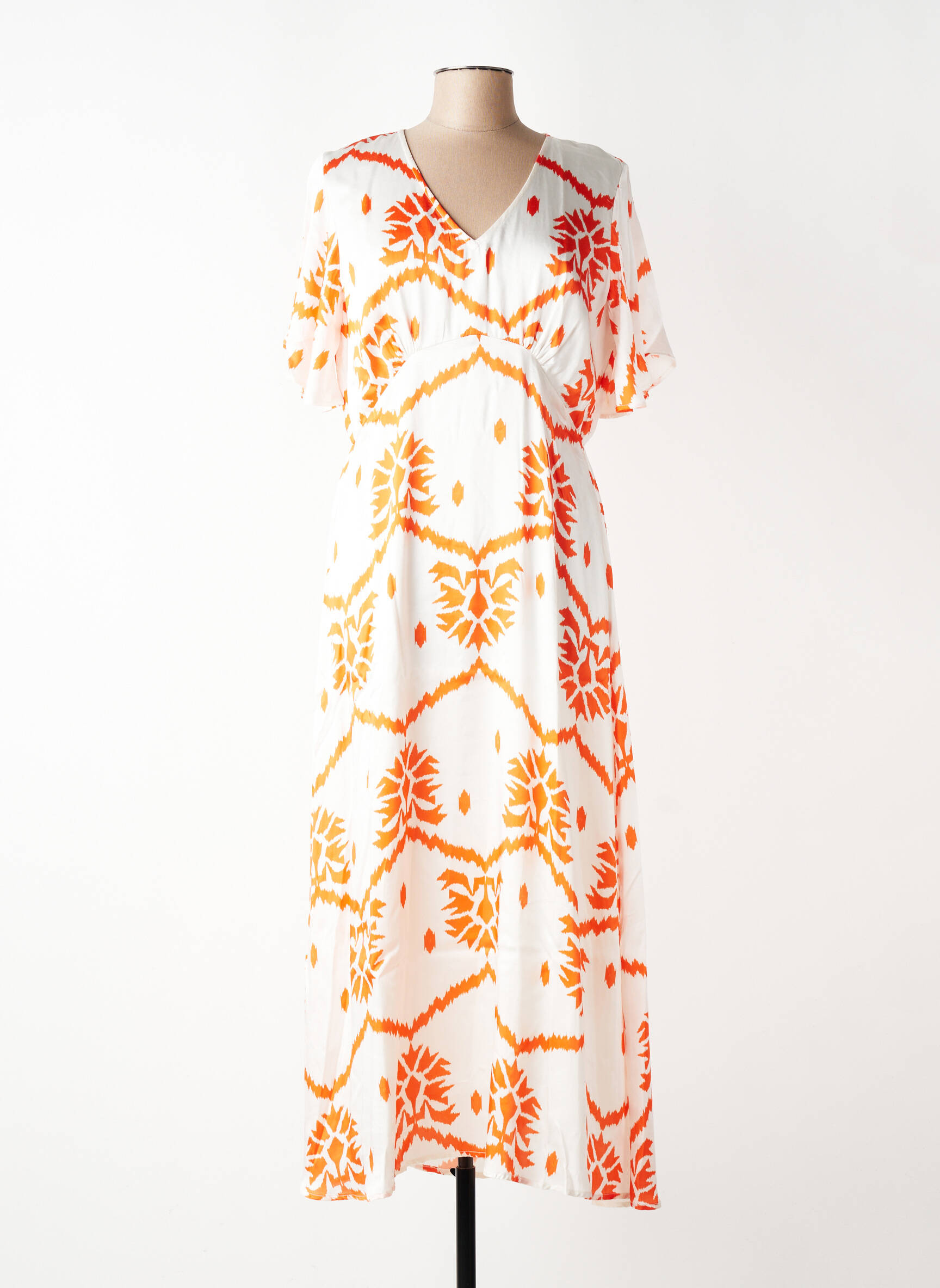 Robe longue imprimé fantaisie manches courtes orange VAN-DOS femme