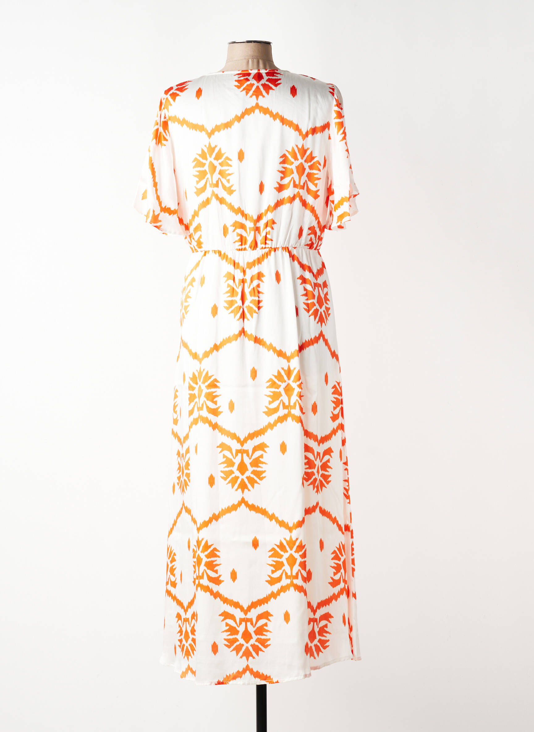 Robe longue imprimé fantaisie manches courtes orange VAN-DOS femme