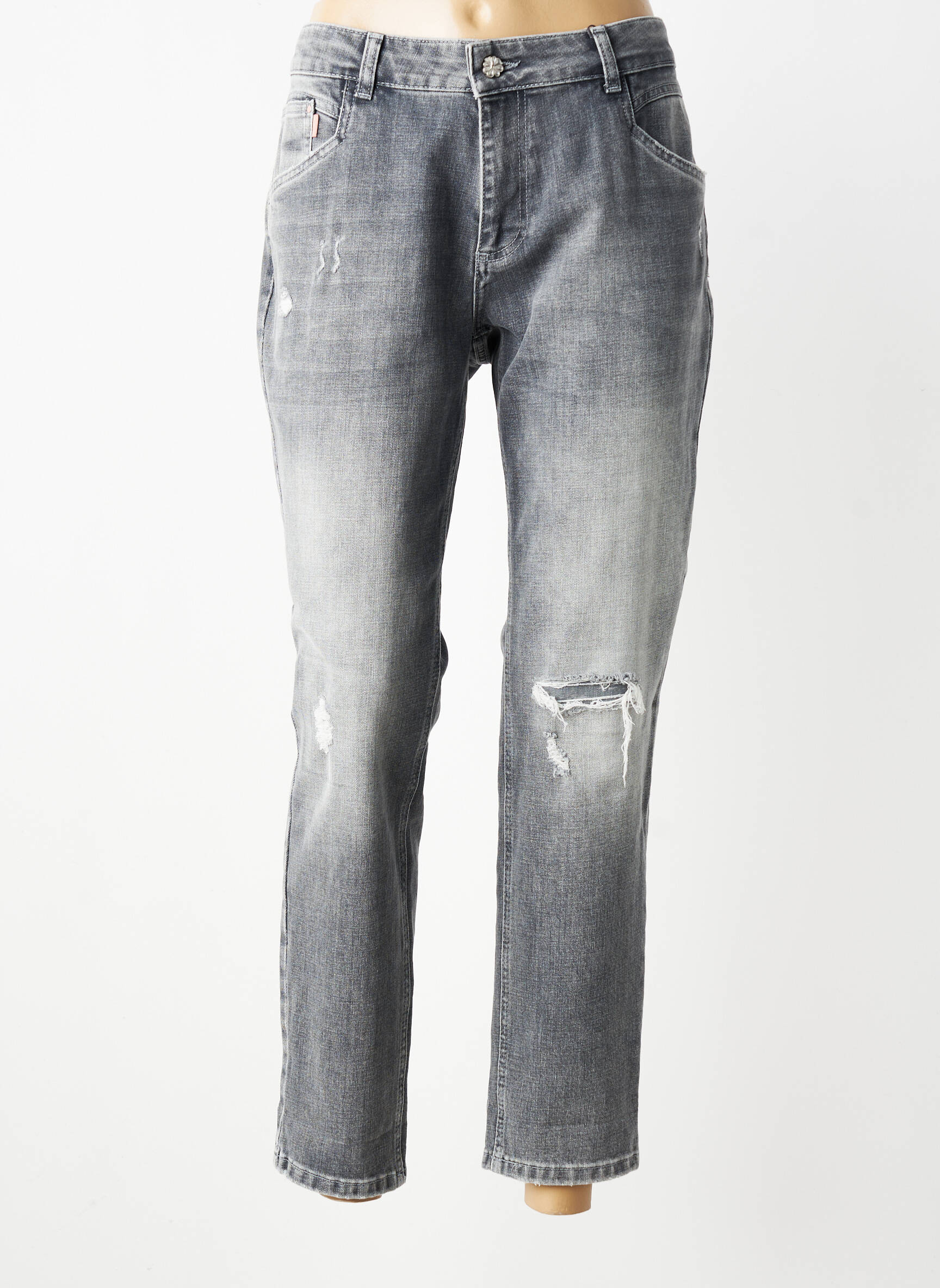Jeans coupe droite effet usé délavé taille normale gris PARA MI femme