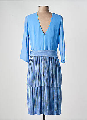 Robe mi-longue tissage crêpe manches longues bleu BARILOCHE femme