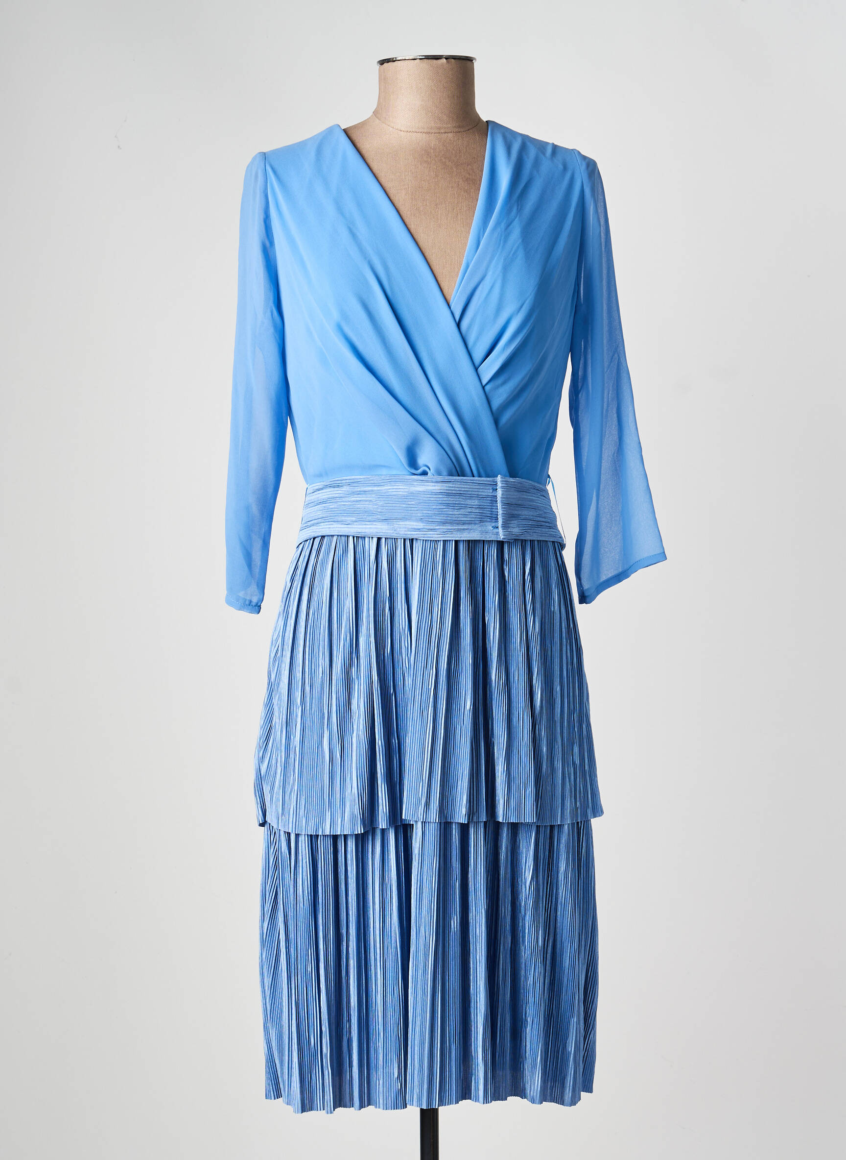 Robe mi-longue tissage crêpe manches longues bleu BARILOCHE femme