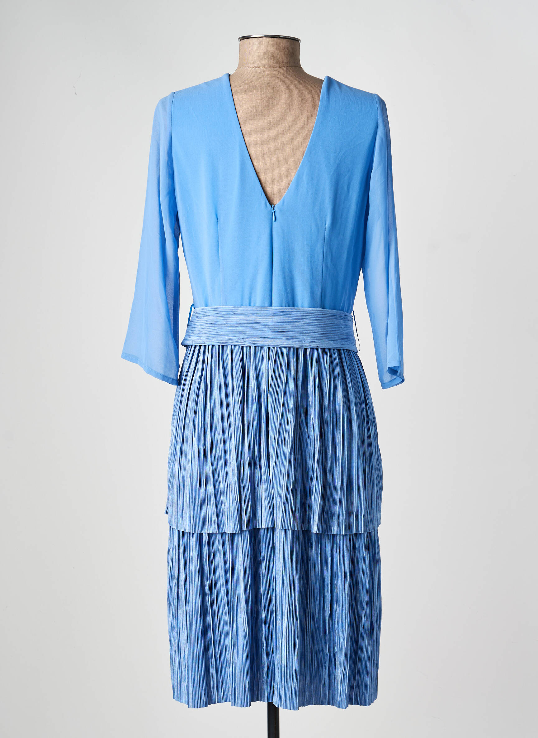 Robe mi-longue tissage crêpe manches longues bleu BARILOCHE femme