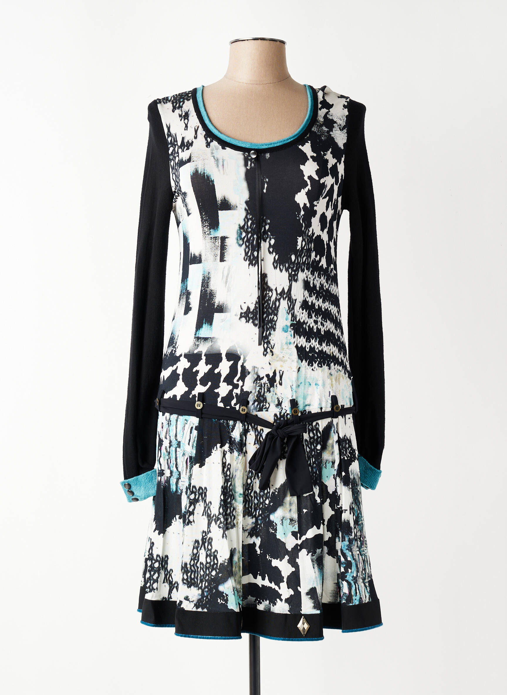 Robe mi-longue imprimé fantaisie manches longues noir TRICOT CHIC femme