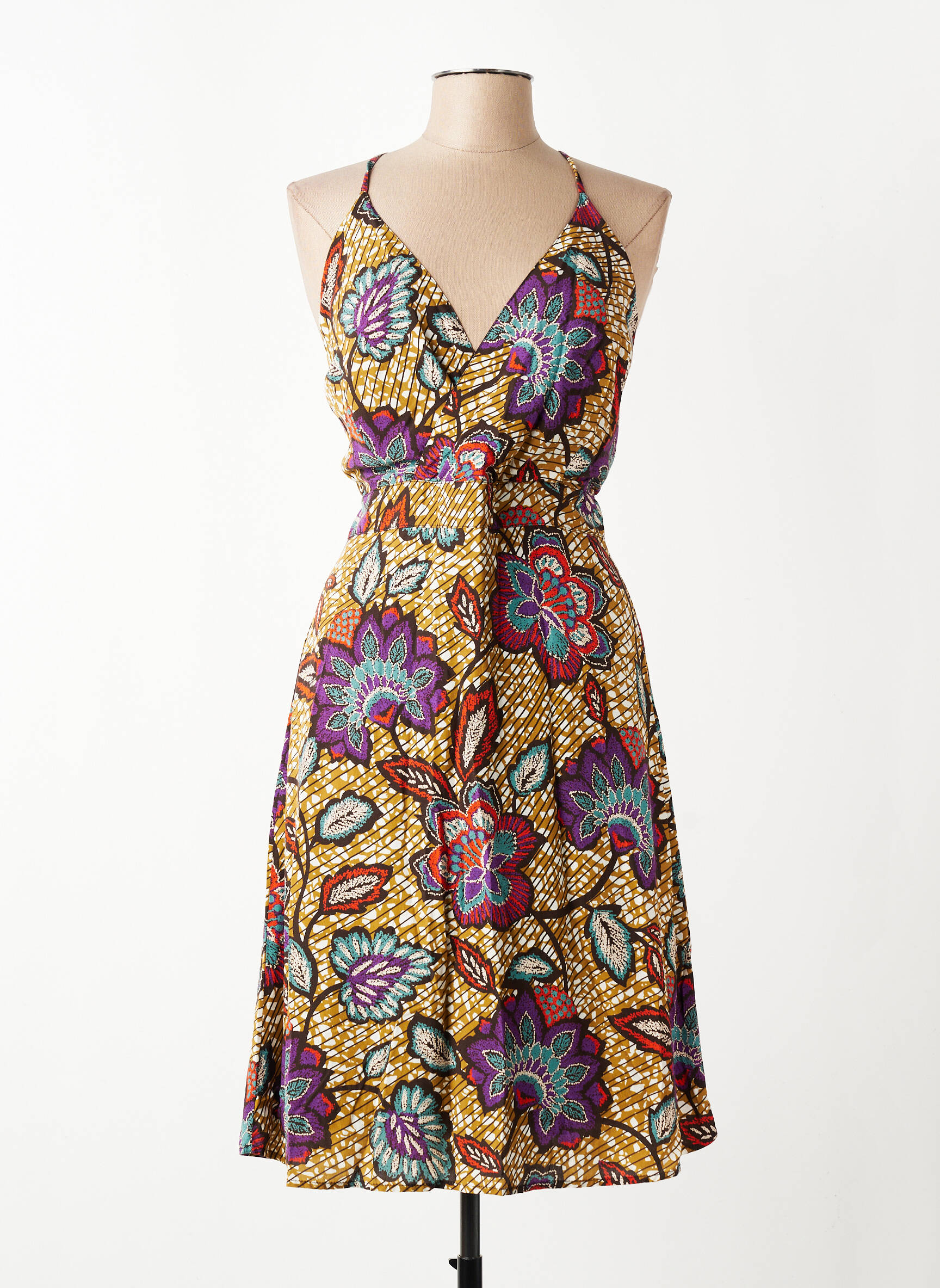 Robe mi-longue imprimé fleurs fines bretelles jaune LA FEE MARABOUTEE femme