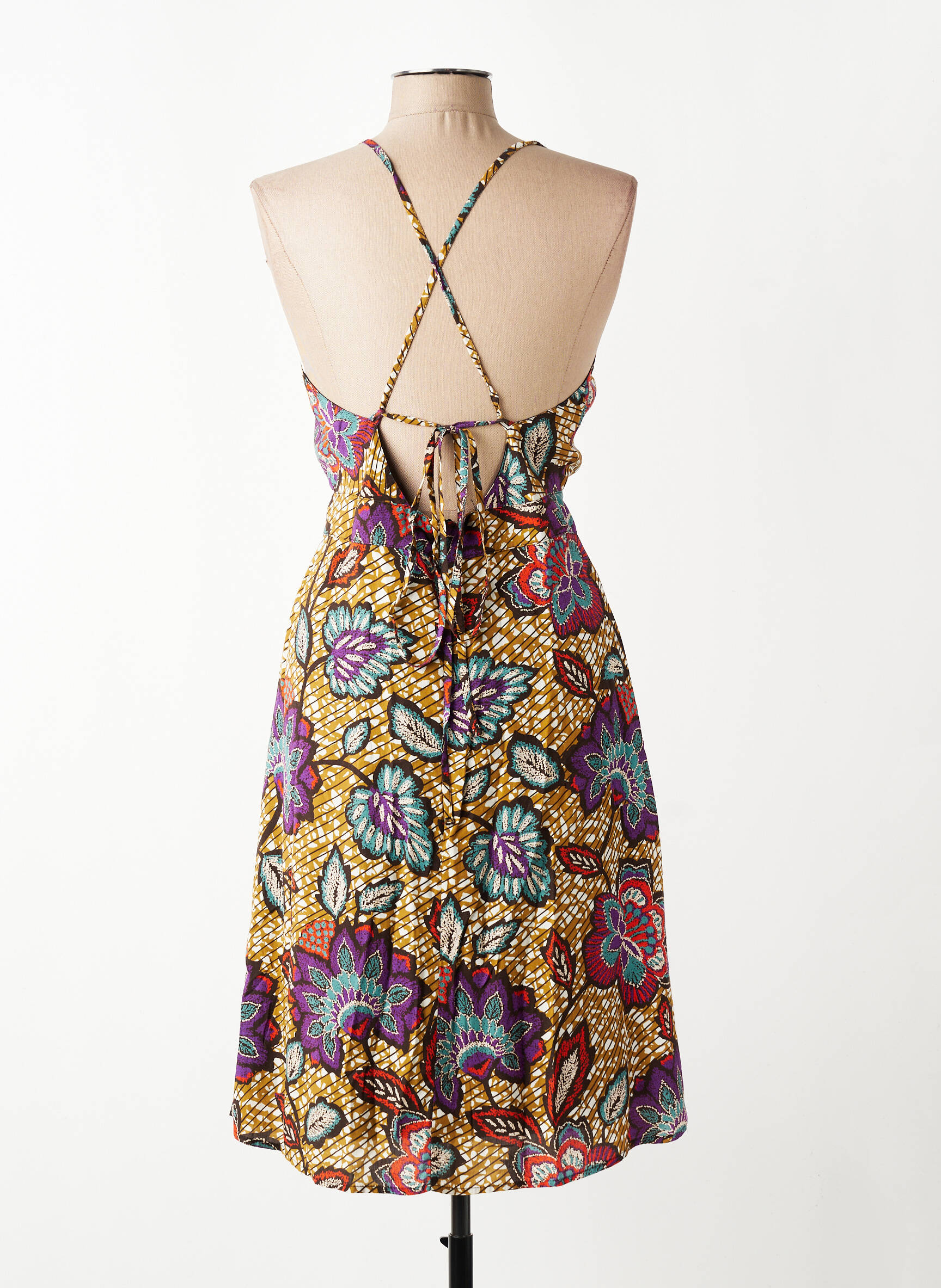 Robe mi-longue imprimé fleurs fines bretelles jaune LA FEE MARABOUTEE femme