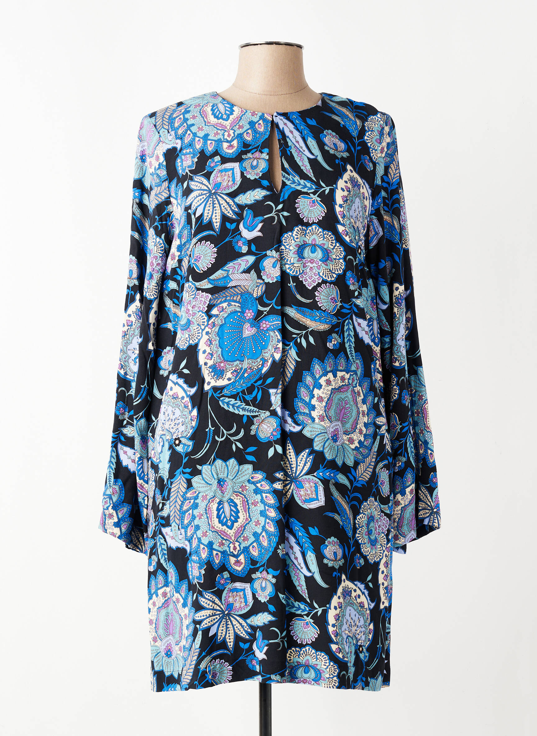 Robe mi-longue imprimé fleurs manches longues bleu LA FEE MARABOUTEE femme