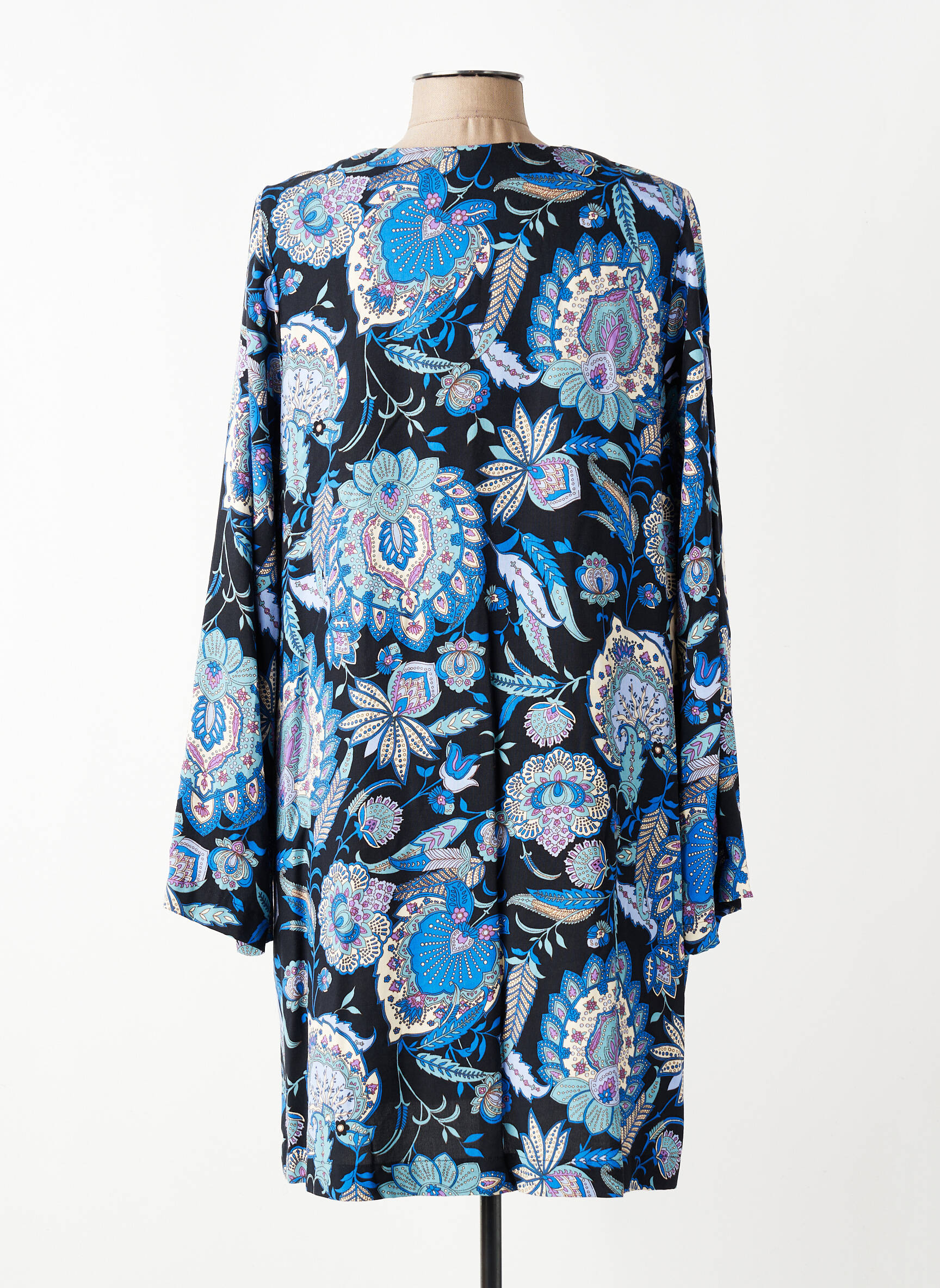Robe mi-longue imprimé fleurs manches longues bleu LA FEE MARABOUTEE femme