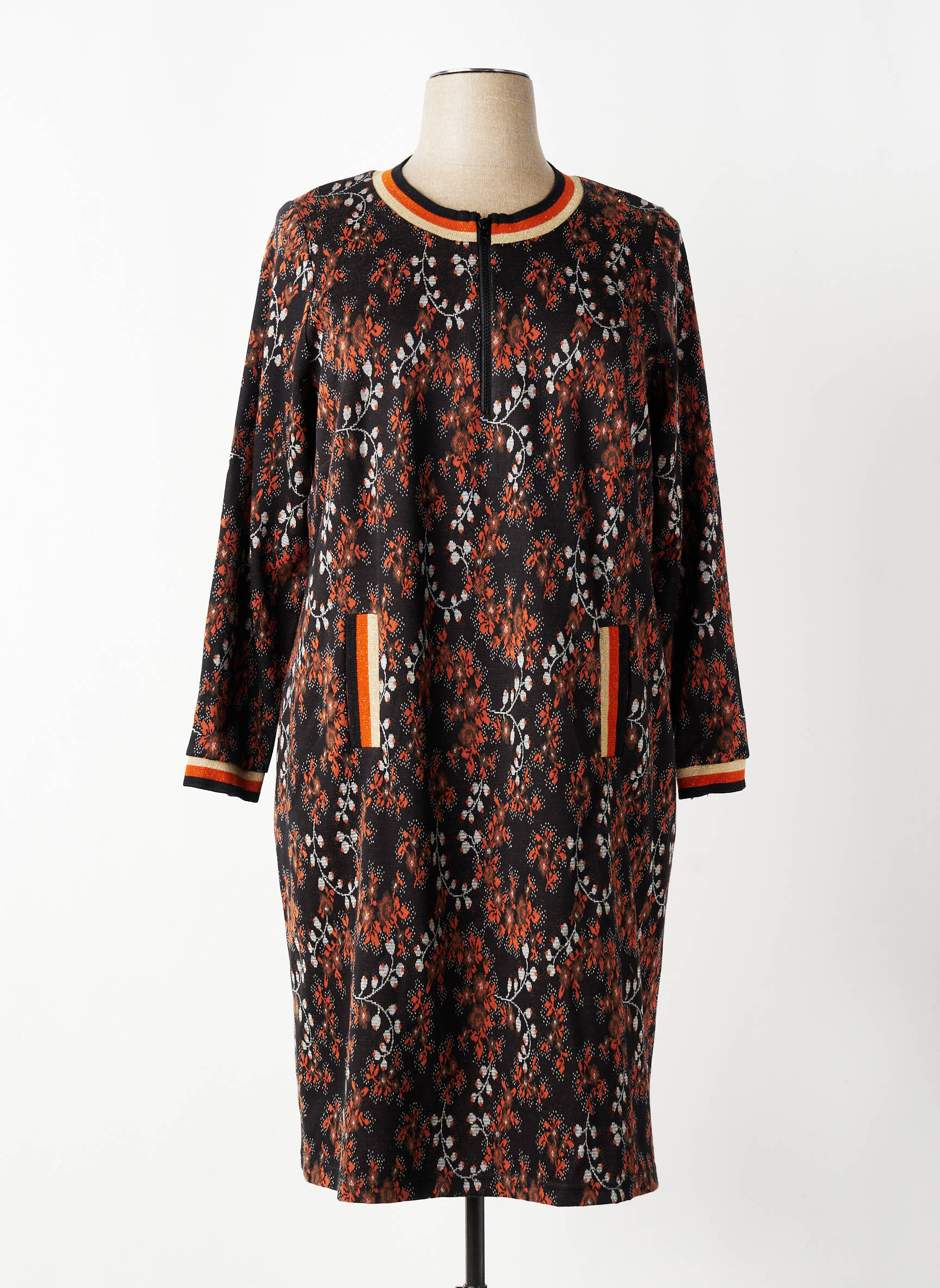 Robe mi-longue imprimé fleurs manches longues noir GUY DUBOUIS femme