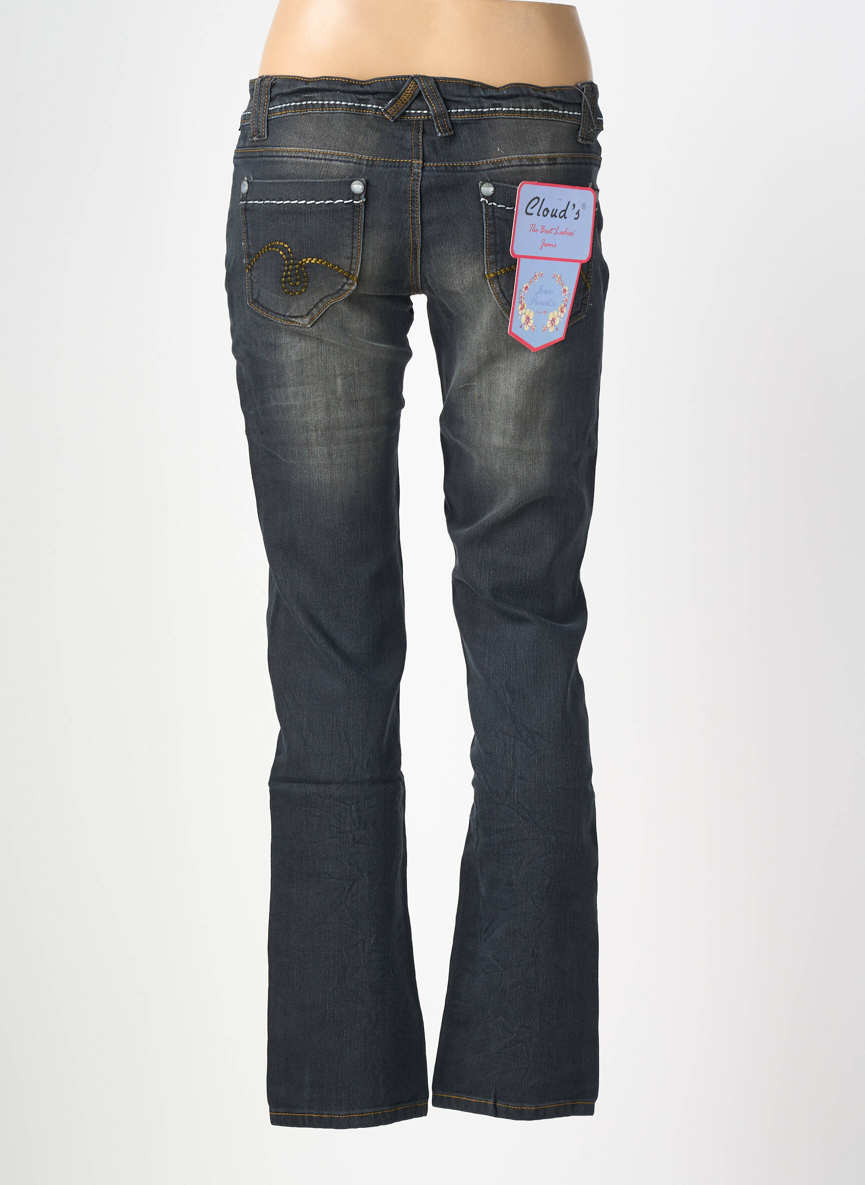 Jeans coupe droite broderie rivets taille basse bleu CLOUD'S femme