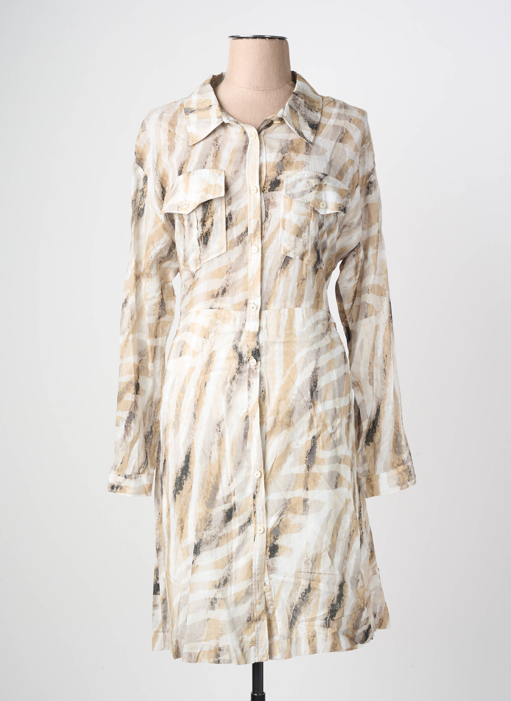 Robe mi-longue imprimé fantaisie manches longues beige EVA KAYAN femme