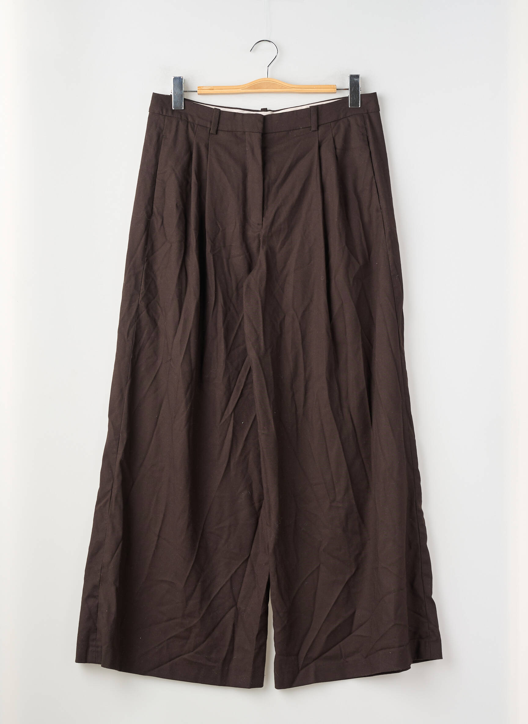 Pantalon large tissage popeline taille haute marron ZARA femme