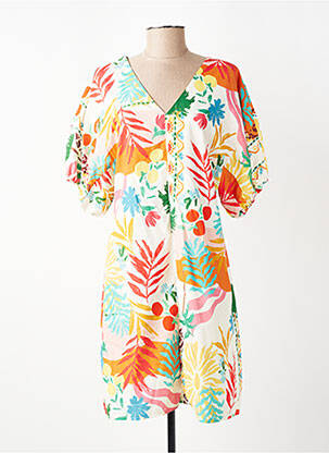 Robe mi-longue imprimé fantaisie manches courtes blanc EMA BLUE'S femme