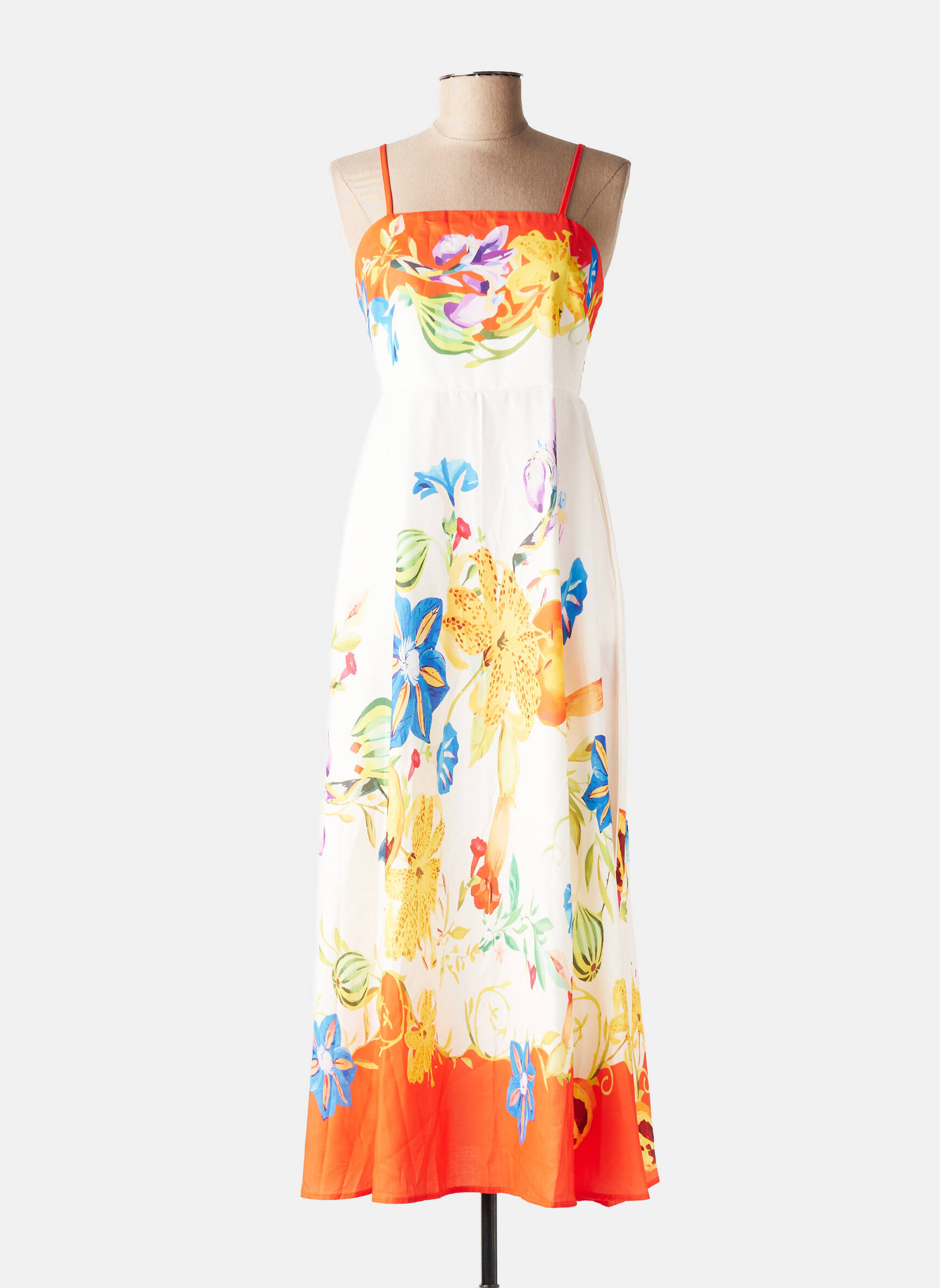Robe longue imprimé fantaisie fines bretelles orange REMIX femme