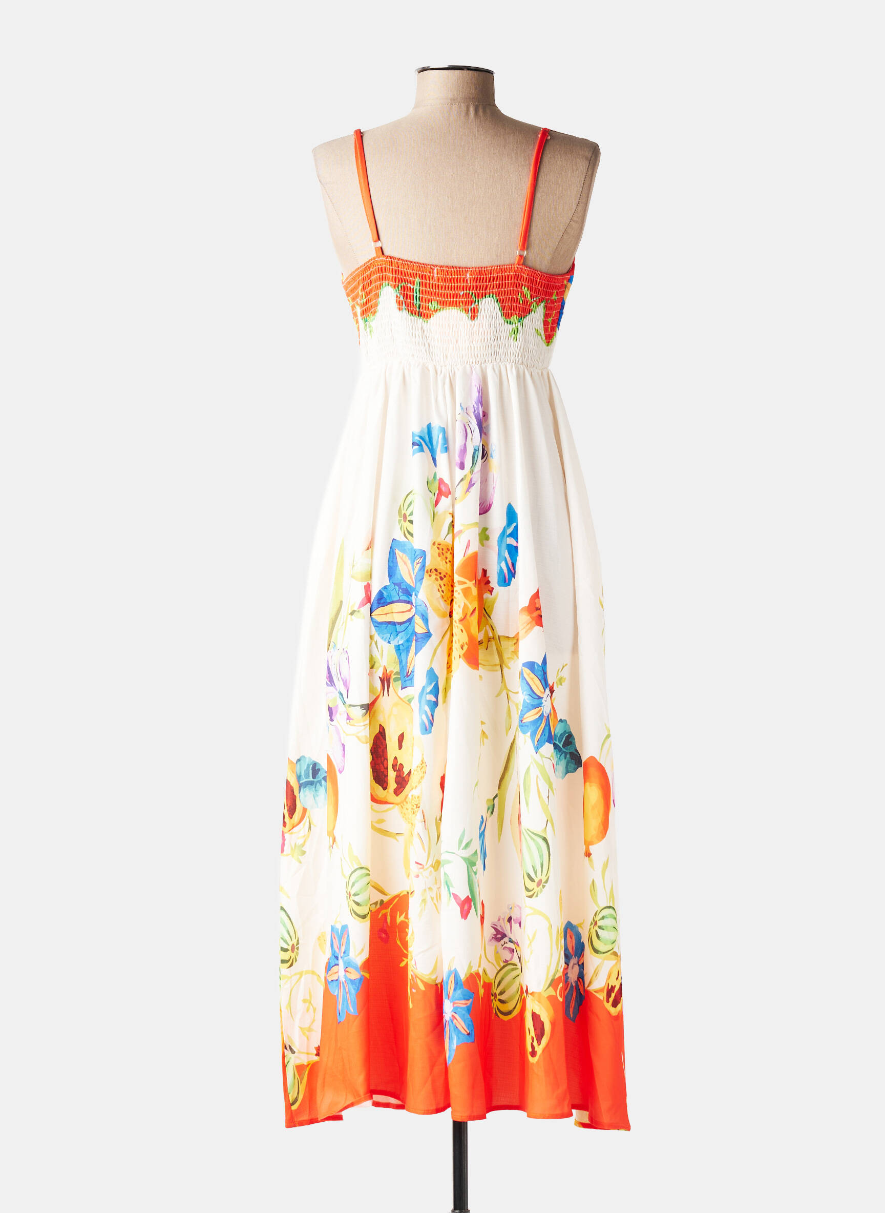 Robe longue imprimé fantaisie fines bretelles orange REMIX femme