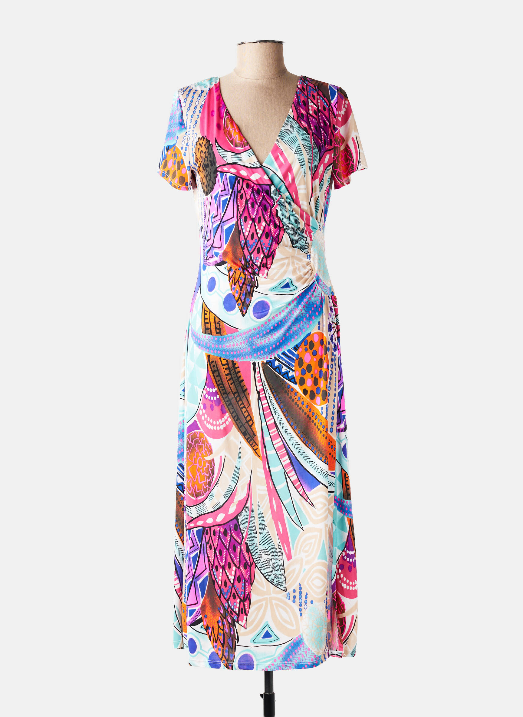 Robe longue imprimé fantaisie manches courtes rose JOY'S PARIS femme