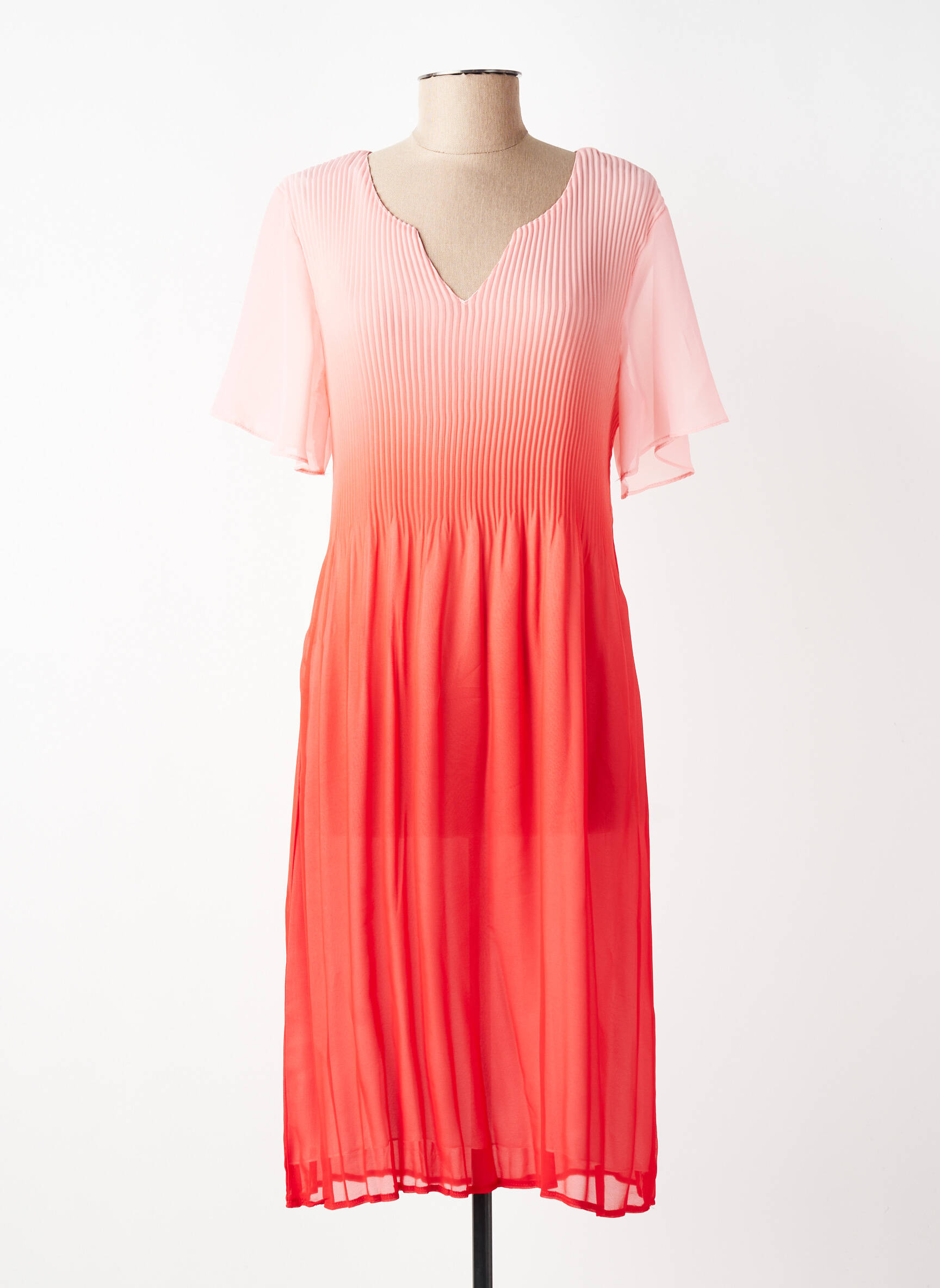 Robe mi-longue tissage crêpe manches courtes rose HALOGENE femme
