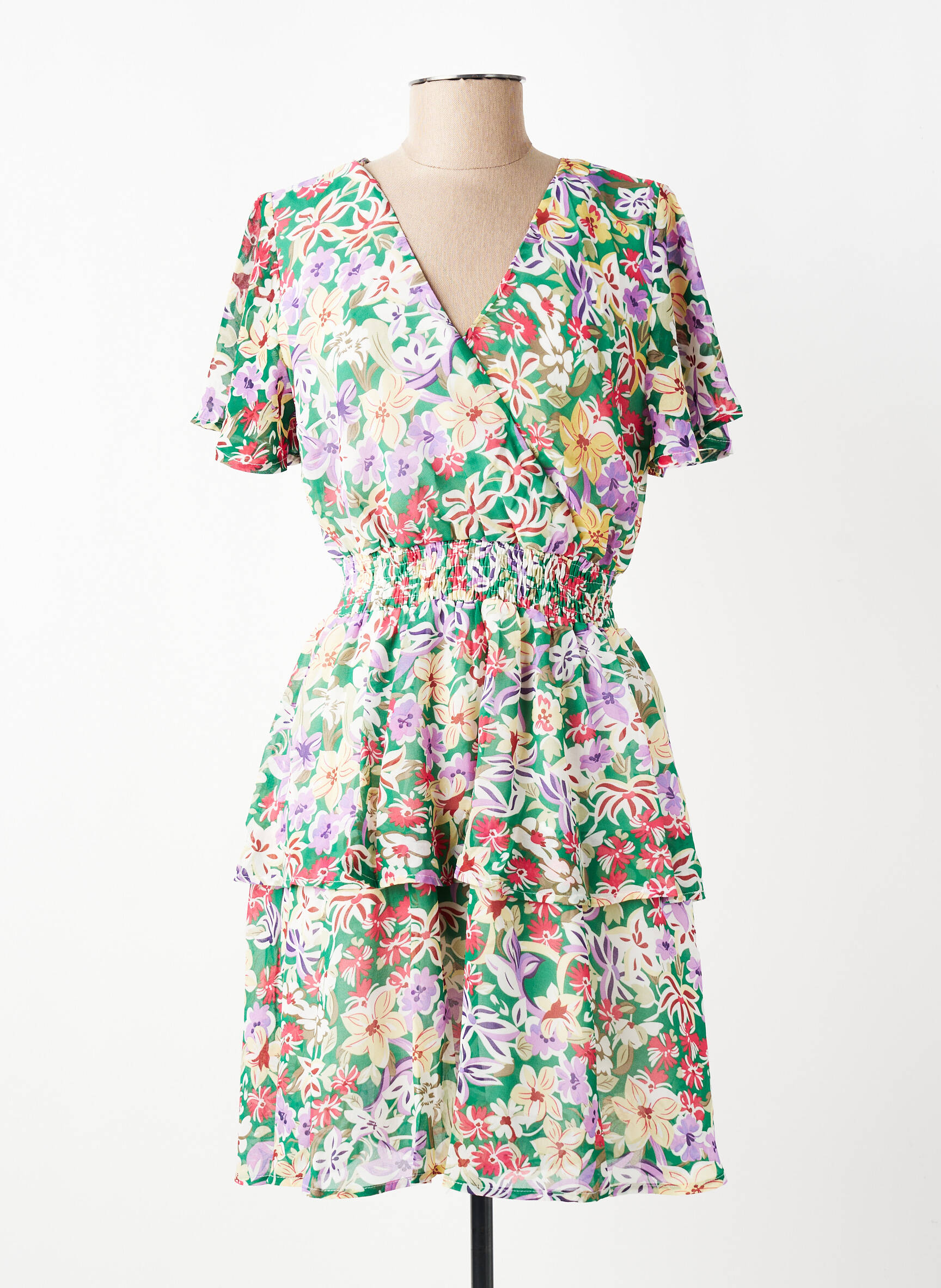 Robe mi-longue imprimé fantaisie manches courtes vert QUEEN'S femme