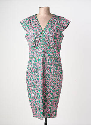 Robe mi-longue imprimé fleurs manches courtes vert PRINCESSE NOMADE femme