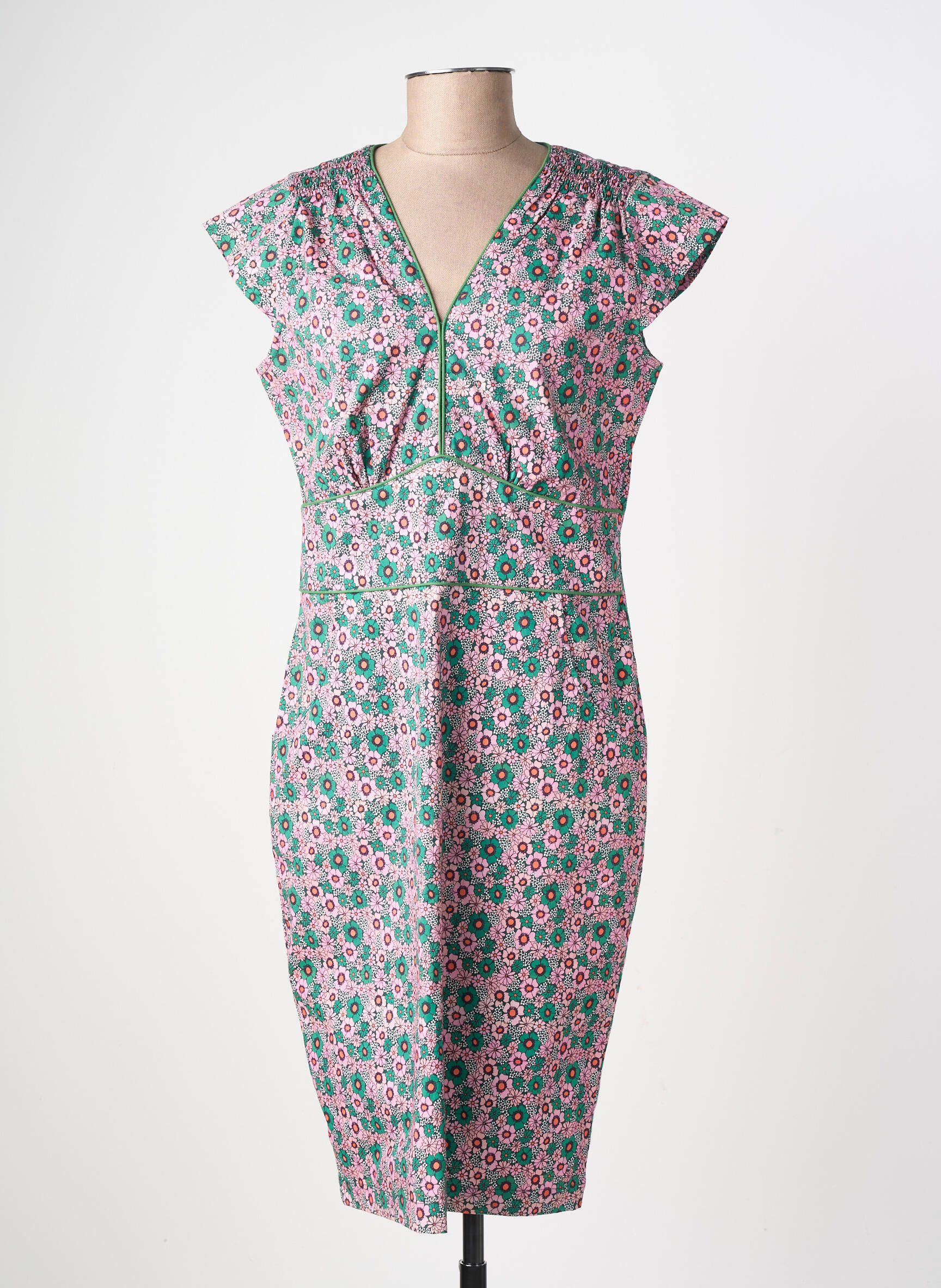 Robe mi-longue imprimé fleurs manches courtes vert PRINCESSE NOMADE femme