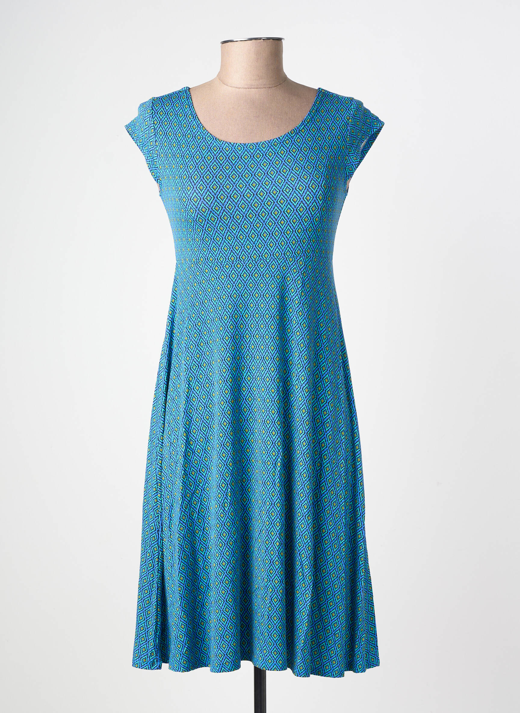 Robe mi-longue imprimé fantaisie manches courtes bleu LINGAM femme