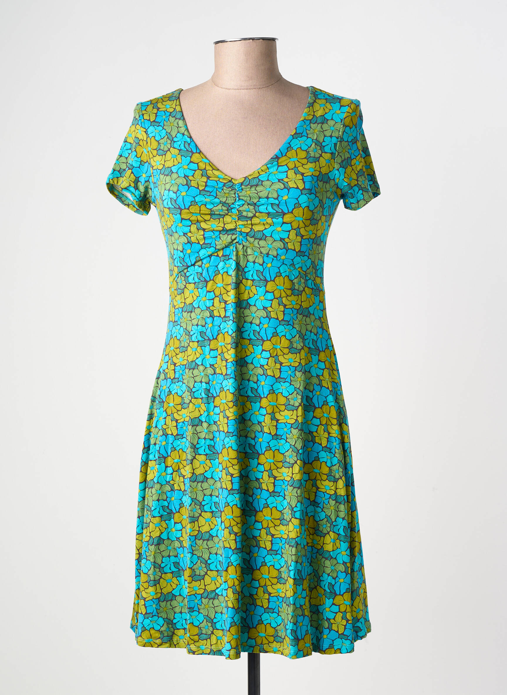 Robe mi-longue imprimé fantaisie manches courtes vert LINGAM femme