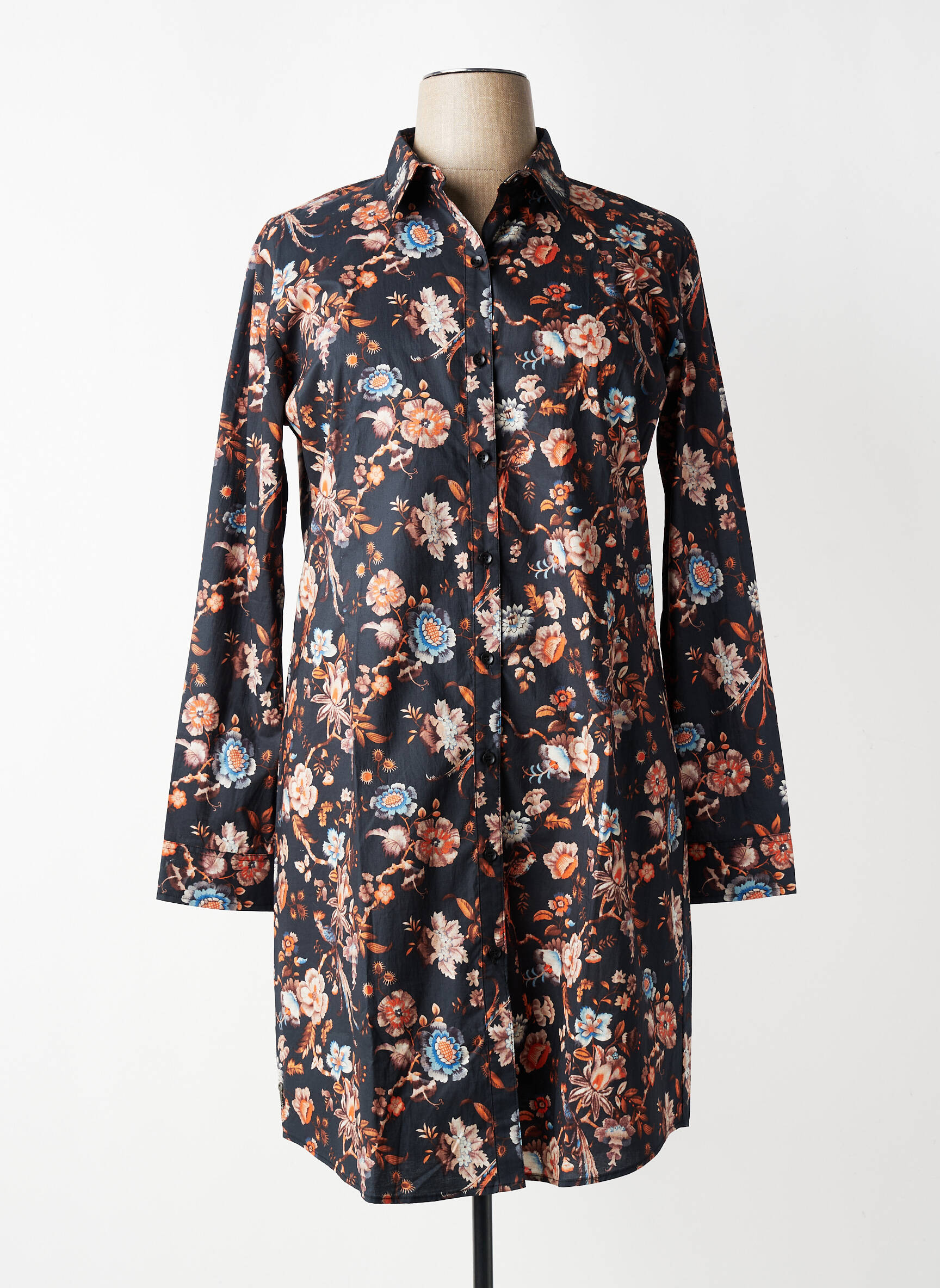 Robe mi-longue imprimé fleurs manches longues noir NUMEROLOGIE femme