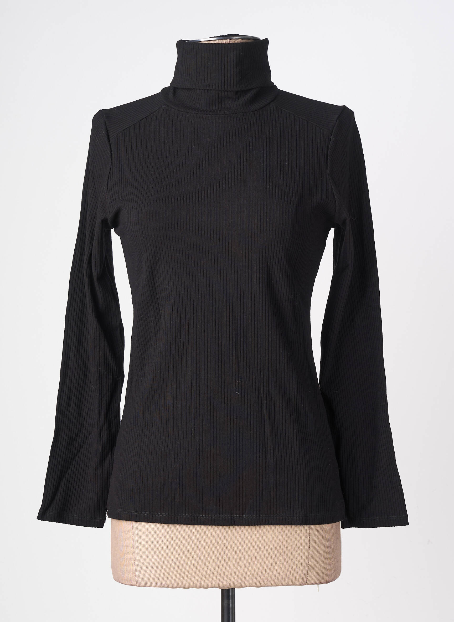 Pull col roulé tissage côtelé manches longues noir KANOPE femme