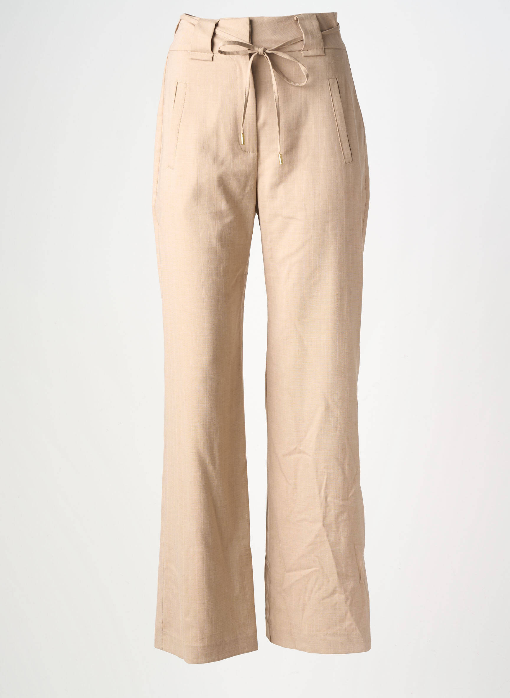 Pantalon flare fermeture zippée sous rabat avec crochet taille haute beige SUNCOO femme
