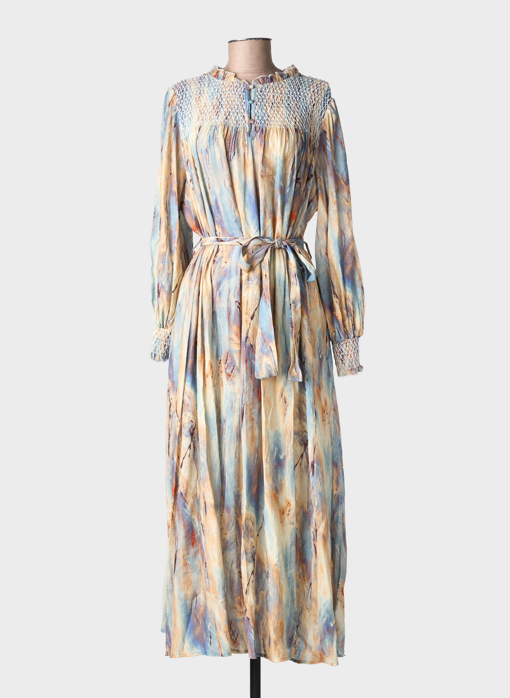 Robe longue imprimé fantaisie manches longues beige ALTAMIRA femme