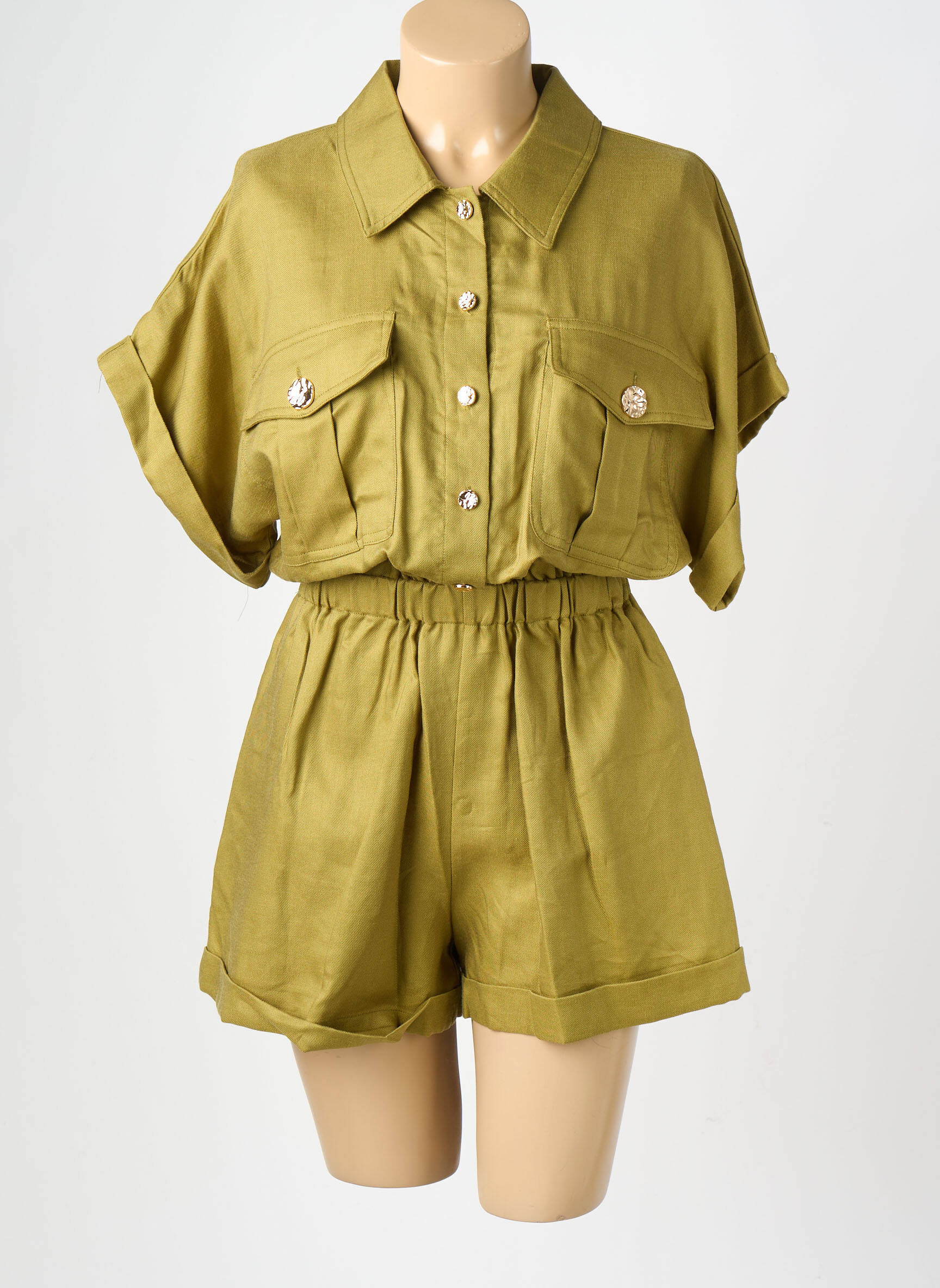 Combishort tissage crêpe manches courtes vert LUMINA femme