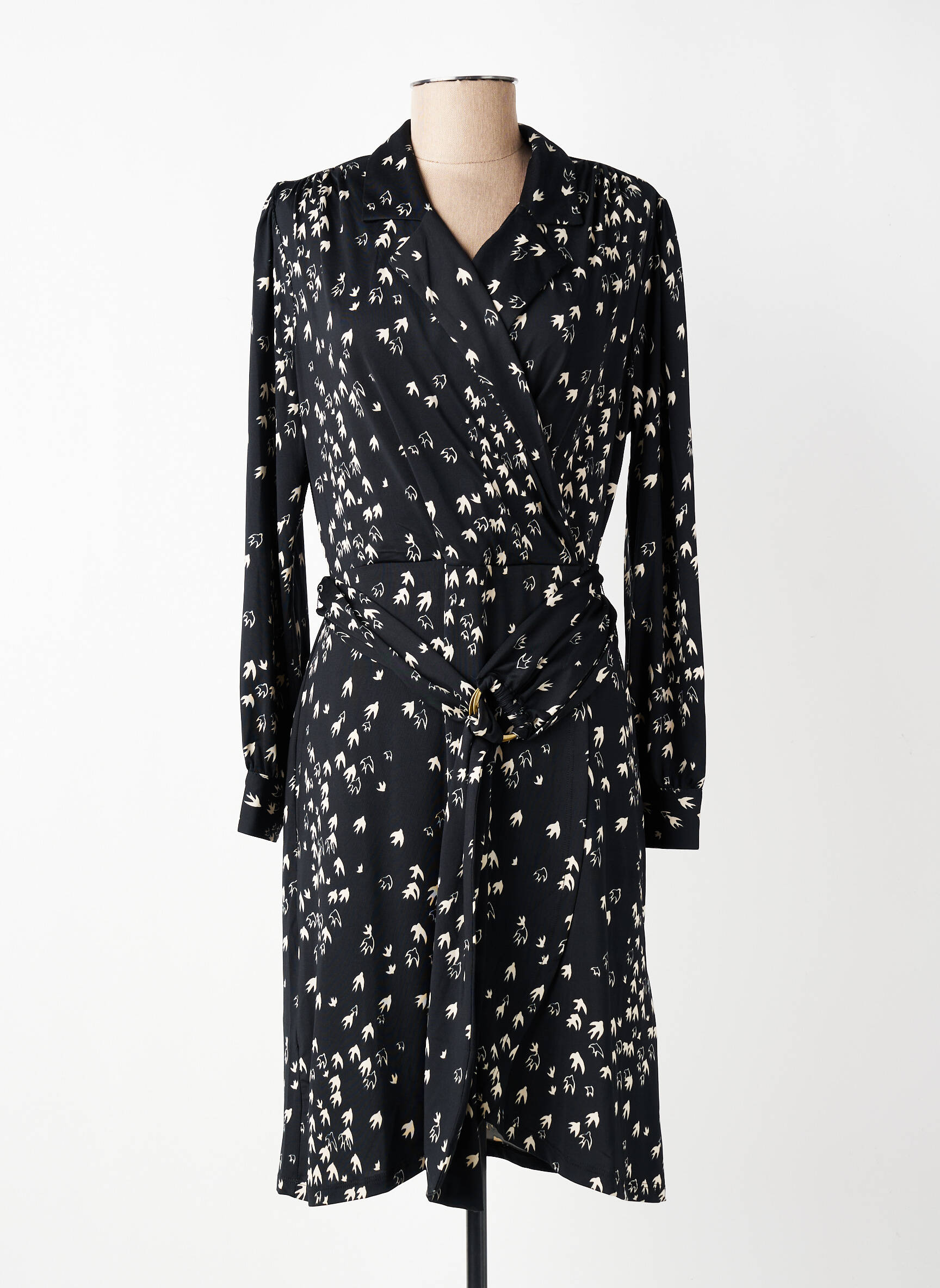 Robe mi-longue imprimé fantaisie manches longues noir K-DESIGN femme