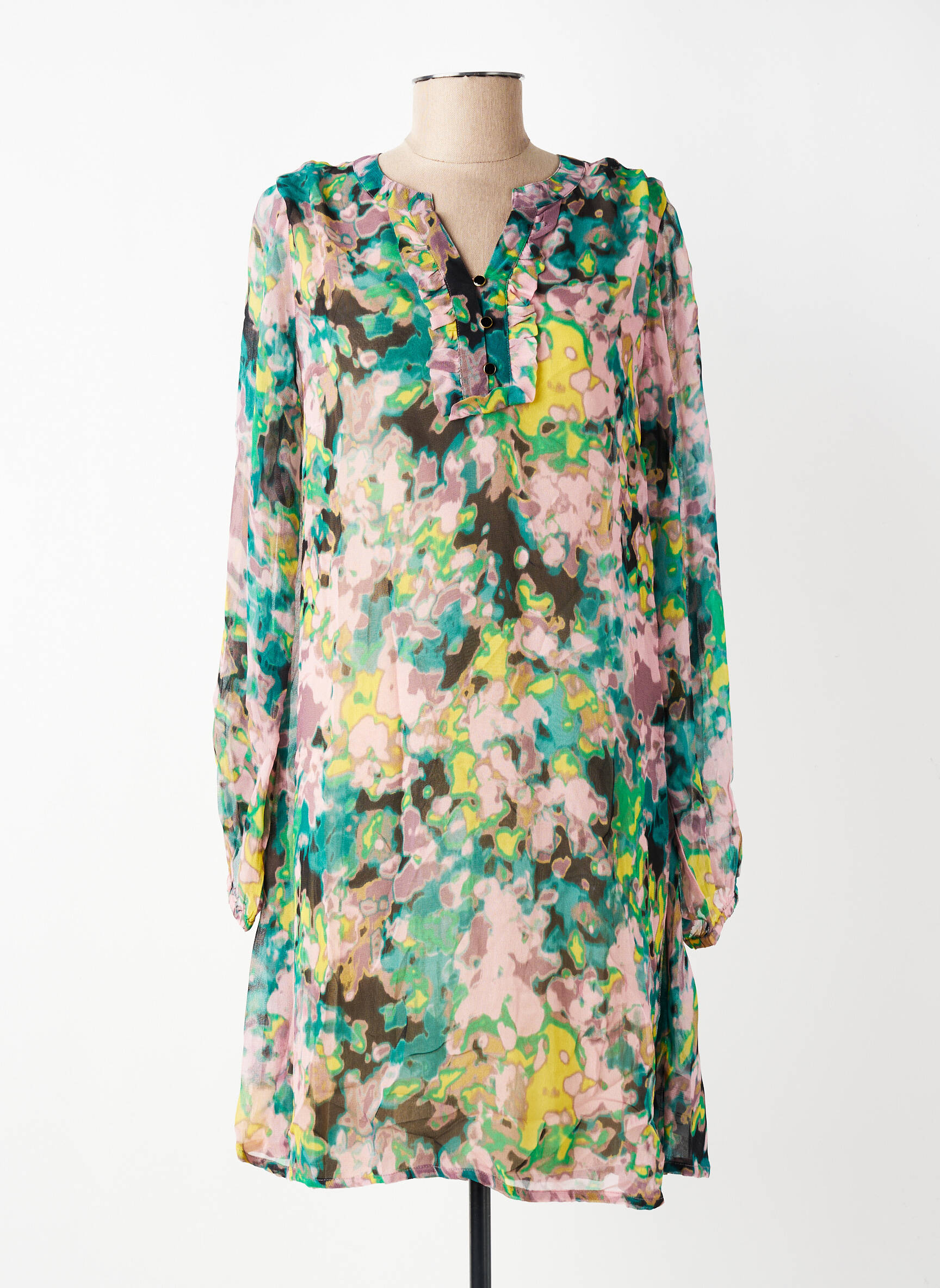 Robe mi-longue imprimé fantaisie manches longues vert CREAM femme