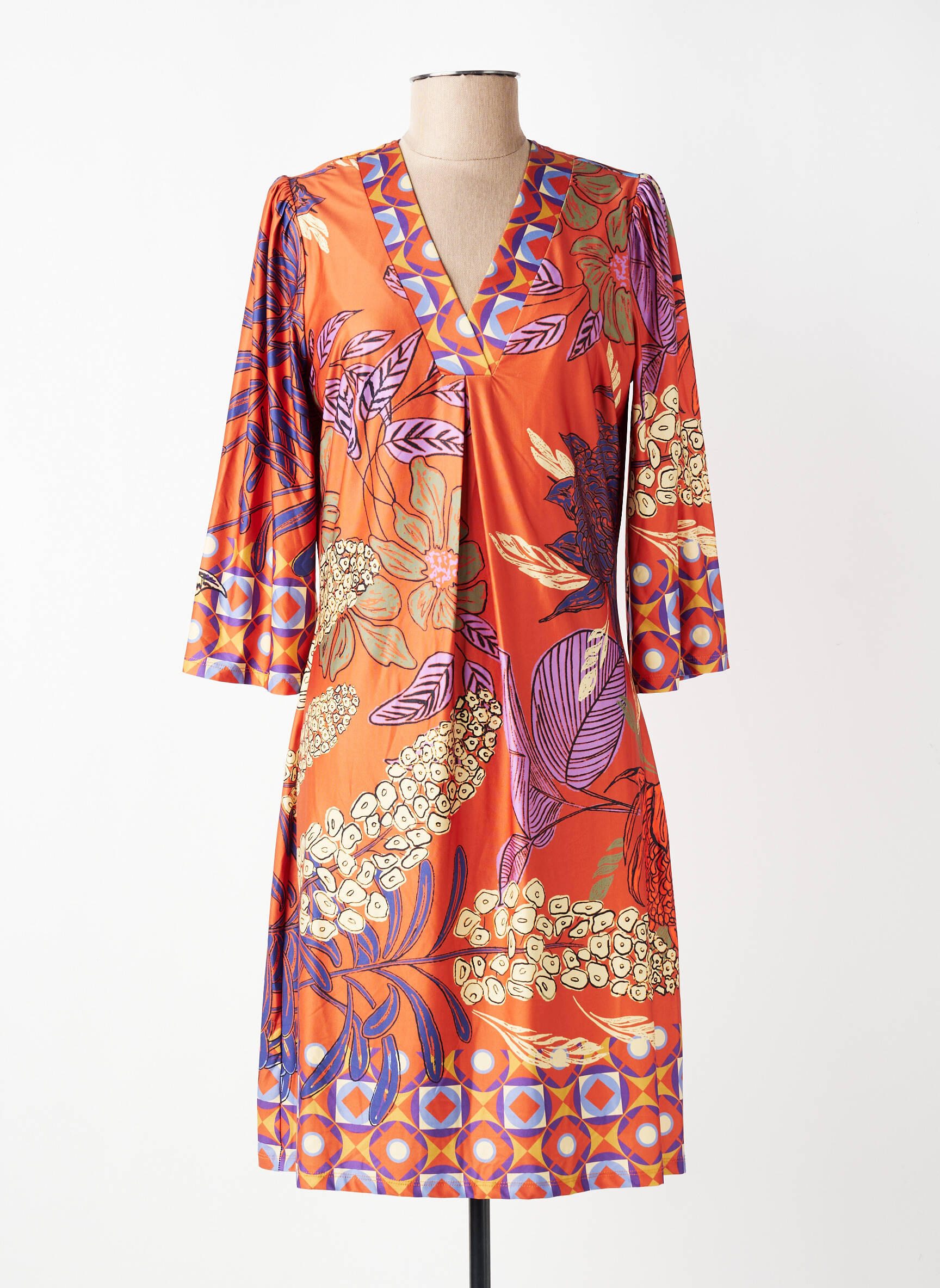 Robe mi-longue manches 3/4 manches 3/4 orange K-DESIGN femme