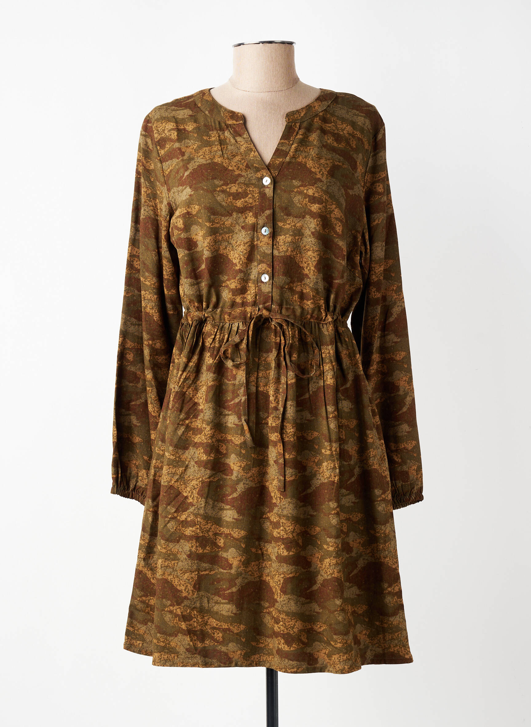 Robe mi-longue imprimé fantaisie manches longues vert CREAM femme