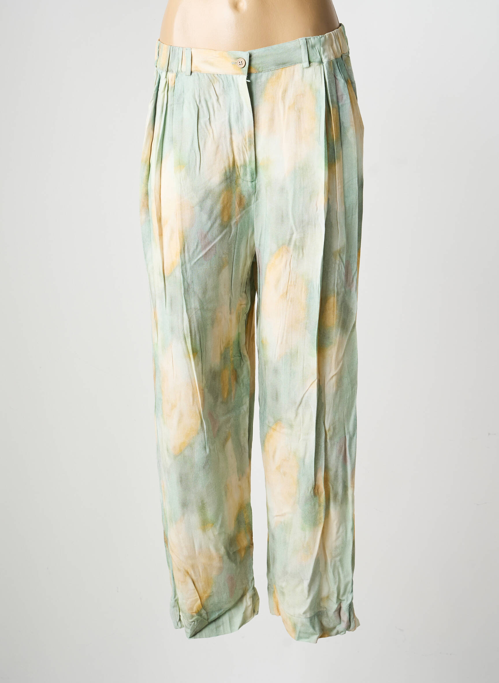 Pantalon droit tissage crêpe taille normale vert INDI & COLD femme