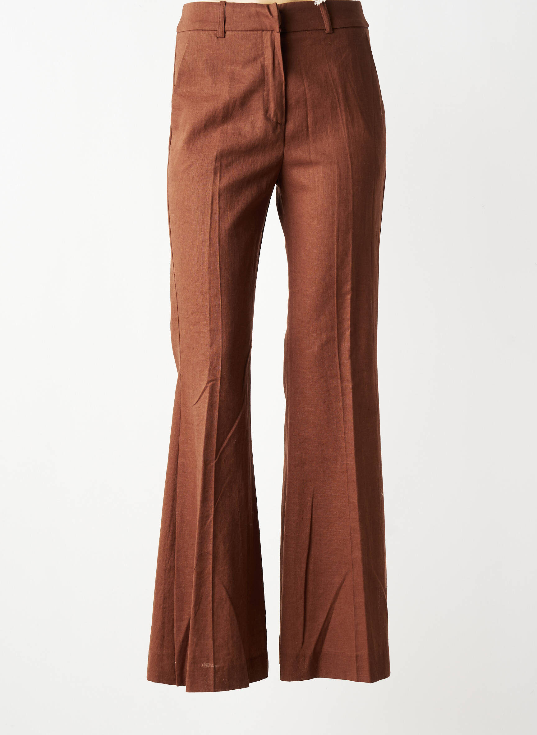 Pantalon flare fermeture zippée sous rabat avec crochet taille haute marron KING KONG femme